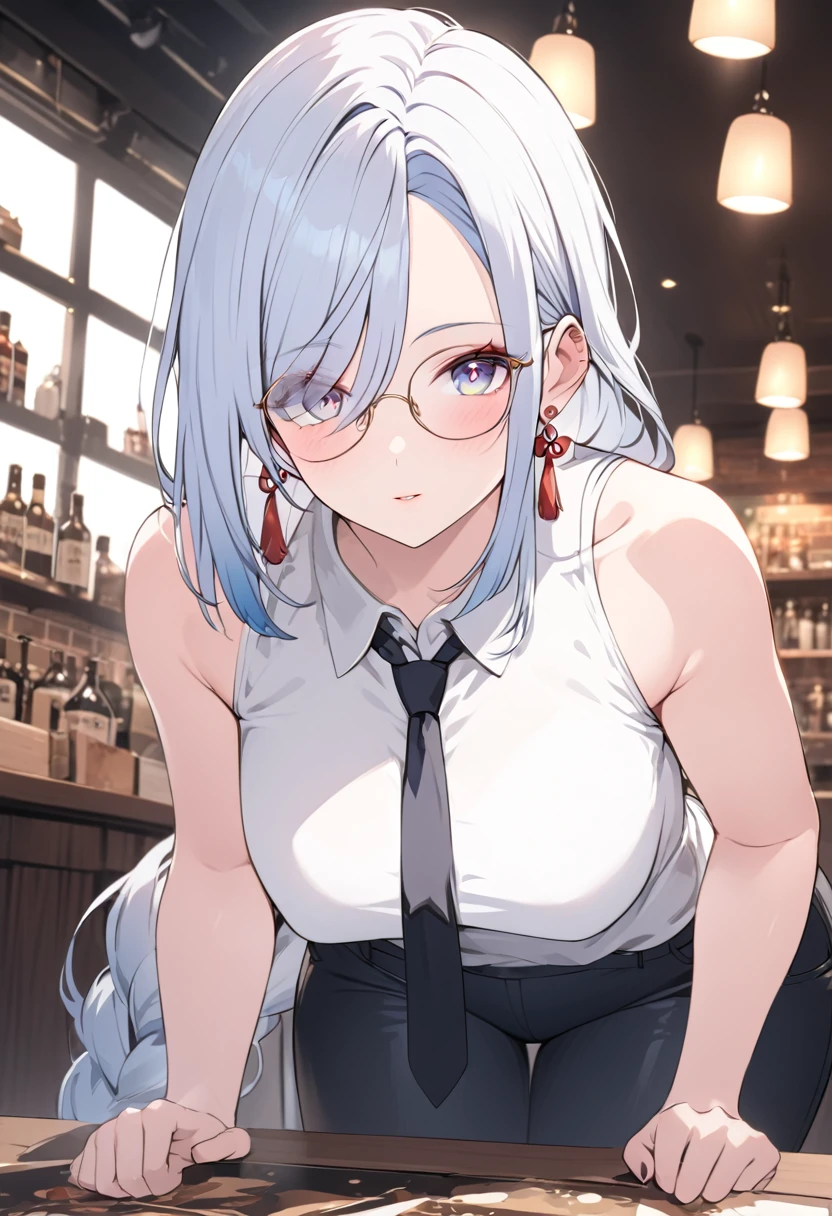 a mature woman with long tied black hair, wearing a white polo and black necktie, fitted pants, tall with long legs, full body shot, hands in pockets, adult-like look, cafe background, (best quality,4k,8k,highres,masterpiece:1.2),ultra-detailed, portrait,HDR,UHD,studio lighting,ultra-fine painting,sharp focus,physically-based rendering,extreme detail description,professional,vivid colors,bokeh, shenhe, blue eyes, braided ponytail, earrings, eyelashes, eyeliner, eyes visible through hair, eyeshadow, hair between eyes, makeup, red eyeshadow, sidelocks, single earring, symbol-shaped pupils, tassel, tassel earrings, white hair, long hair, wearing round glasses