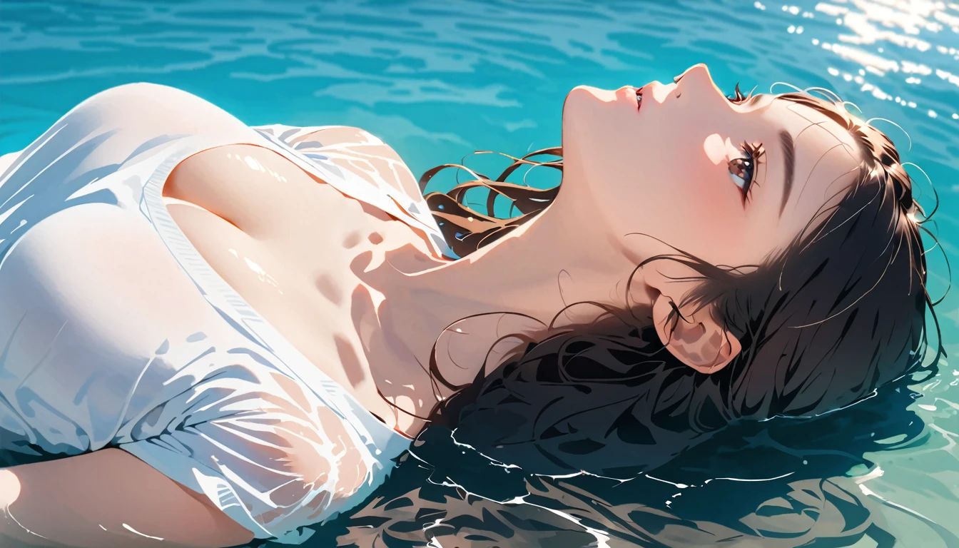 (masterpiece, highest quality:1.2), 8k, 1, 85mm, teen, A woman with black hair, long hair ,Brown eyes,Her face and chest gently rise above the surface of the water, as the rest of her body remains submerged beneath the calm sea., White T-shirt,Shorts,Her breasts are visible,profile, A surreal and artistic scene of a woman floating peacefully on her back in the vast ocean, her arms spread wide, with soft sunlight casting shimmering reflections on the deep blue water, and the horizon blending seamlessly into the sky.,Put your head above water,Lifting his chin and looking up,Immerse yourself in the sea up to your head,Floating on the surface of the deep ocean,She’s closing her eyes because of the bright light.,She smiles warmly.