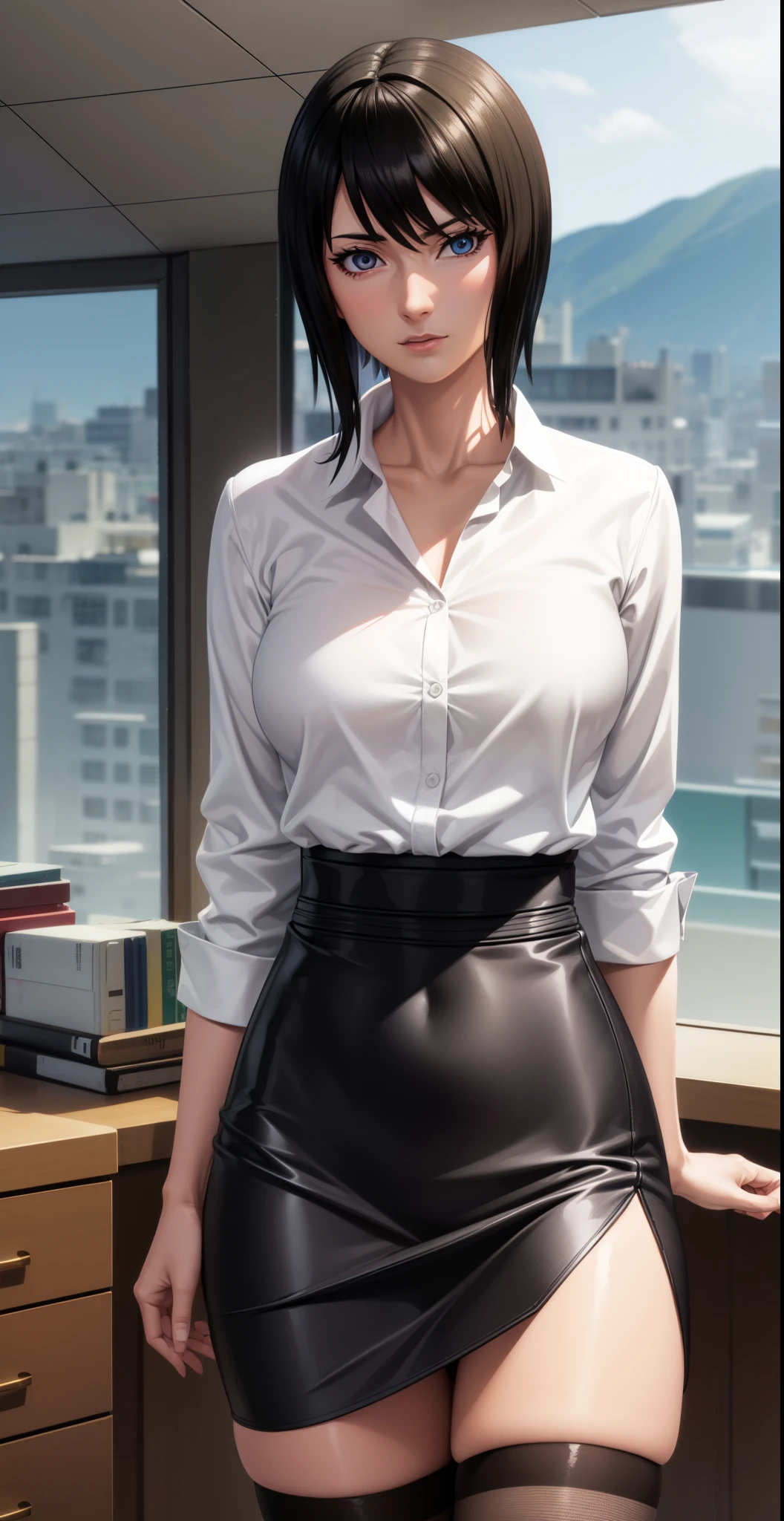 High Resolution, HD, Best Quality, Extremely Detailed, masterpiece, (best quality), 1 woman, 1 girl, Shizune, short hair, mature female, (White Collared Shirt), (Black Pencil Skirt), (Black Pantyhose), ((Slim Body)), (Medium Breasts), (Thin Waist), (Wide Hips), (Heart Shaped Butt), sexy woman, (Nothing in hands), vibrant colors, natural lighting ,RTX, beautiful, (detailed face:1.2), showcase, (perfect eyes:1.1), 8K UHD, looking at viewer, in an office, simple backround