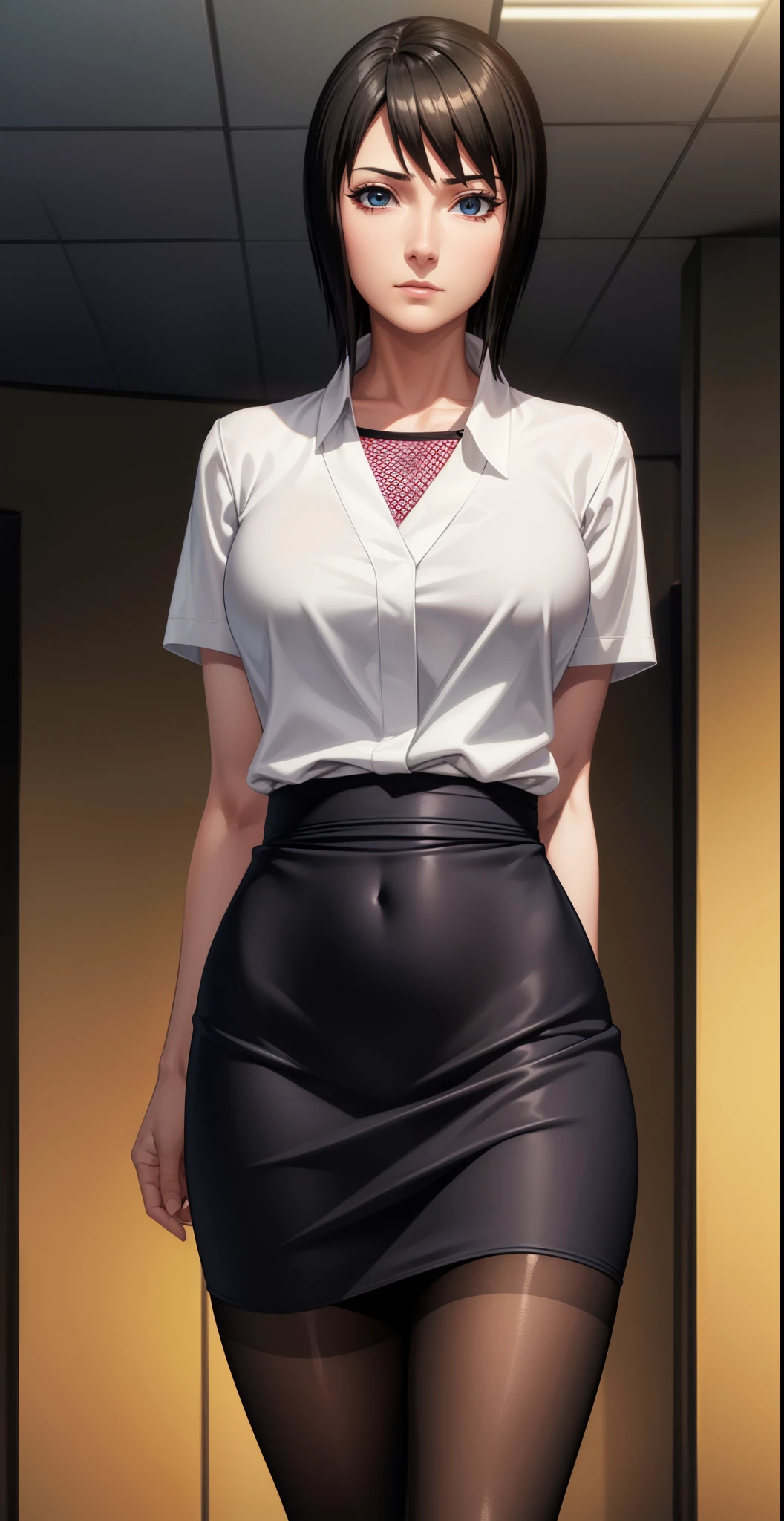 High Resolution, HD, Best Quality, Extremely Detailed, masterpiece, (best quality), 1 woman, 1 girl, Shizune, short hair, mature female, (White Collared Shirt), (Black Pencil Skirt), (Black Pantyhose), ((Slim Body)), (Medium Breasts), (Thin Waist), (Wide Hips), (Heart Shaped Butt), sexy woman, (Nothing in hands), vibrant colors, natural lighting ,RTX, beautiful, (detailed face:1.2), showcase, (perfect eyes:1.1), 8K UHD, looking at viewer, in an office, simple backround