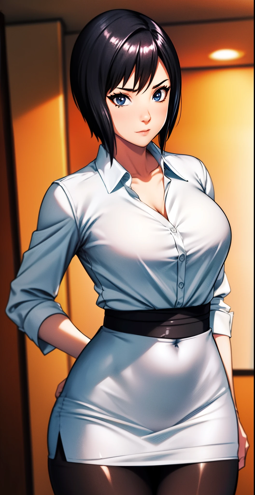 High Resolution, HD, Best Quality, Extremely Detailed, masterpiece, (best quality), 1 woman, 1 girl, Shizune, short hair, mature female, (White Collared Shirt), (Black Pencil Skirt), (Black Pantyhose), ((Slim Body)), (Medium Breasts), (Thin Waist), (Wide Hips), (Heart Shaped Butt), sexy woman, (Nothing in hands), vibrant colors, natural lighting ,RTX, beautiful, (detailed face:1.2), showcase, (perfect eyes:1.1), 8K UHD, looking at viewer, in an office, simple backround