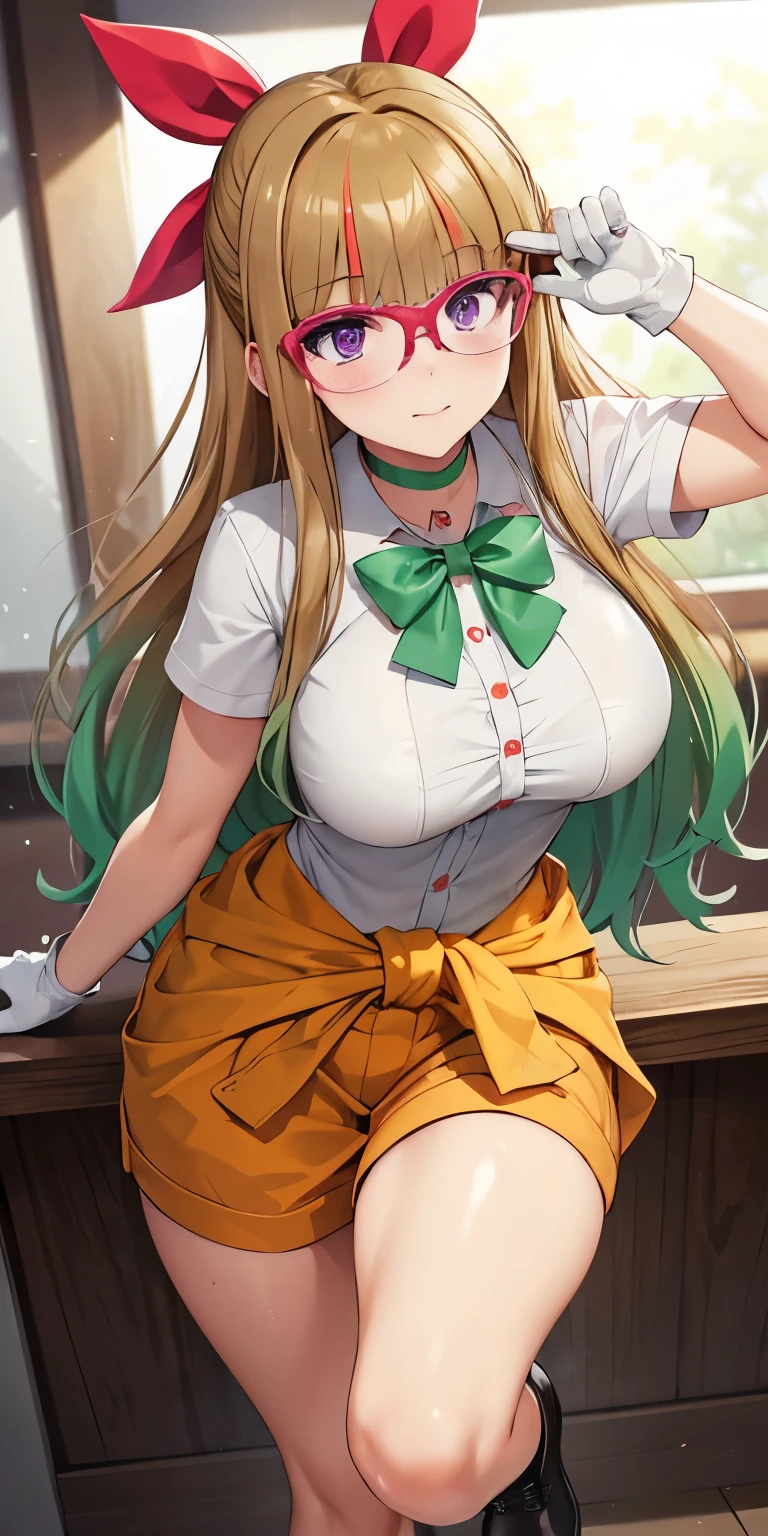 1 Female,High definition,high resolution,Ultra-realistic,8K, ohdoyuamu, 1girl, solo, long hair, green hair, blonde hair, brown hair, bow, ribbon, purple eyes, hair ribbon, hair bow, glasses, green choker, white gloves, blunt bangs, red-framed eyewear, jacket, green shirt, short sleeves, white jacket, clothes around waist, orange pants, large breasts, brown shoes,large breasts,European,sexy,Upper body close-up,Photographed from the front,Dynamic Angles,private teacher,A little sheer underwear,blue underwear,blush, big tits ,(top view),(full body), perfect face,cute face