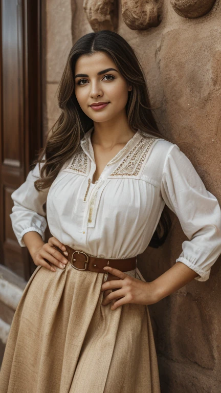 Front view , in Spanish inn counter, a Spanish  ancient girl, looking at viewer, Spanish girl is 20 years old, (Highly detailed face, brown hair ,long hair, Brown eye , serious), (middle breasts, wide hip), (Spanish ancient wear, cotton elegant blouse, cotton long skirt, white apron with, leather shoes ), in inn, young hostess, noon  ((Surrealism, Verism, UHD, retina, masterpiece, anatomically correct, accurate, textured skin, super detail, high details, high quality, best quality, highres, 8k))
