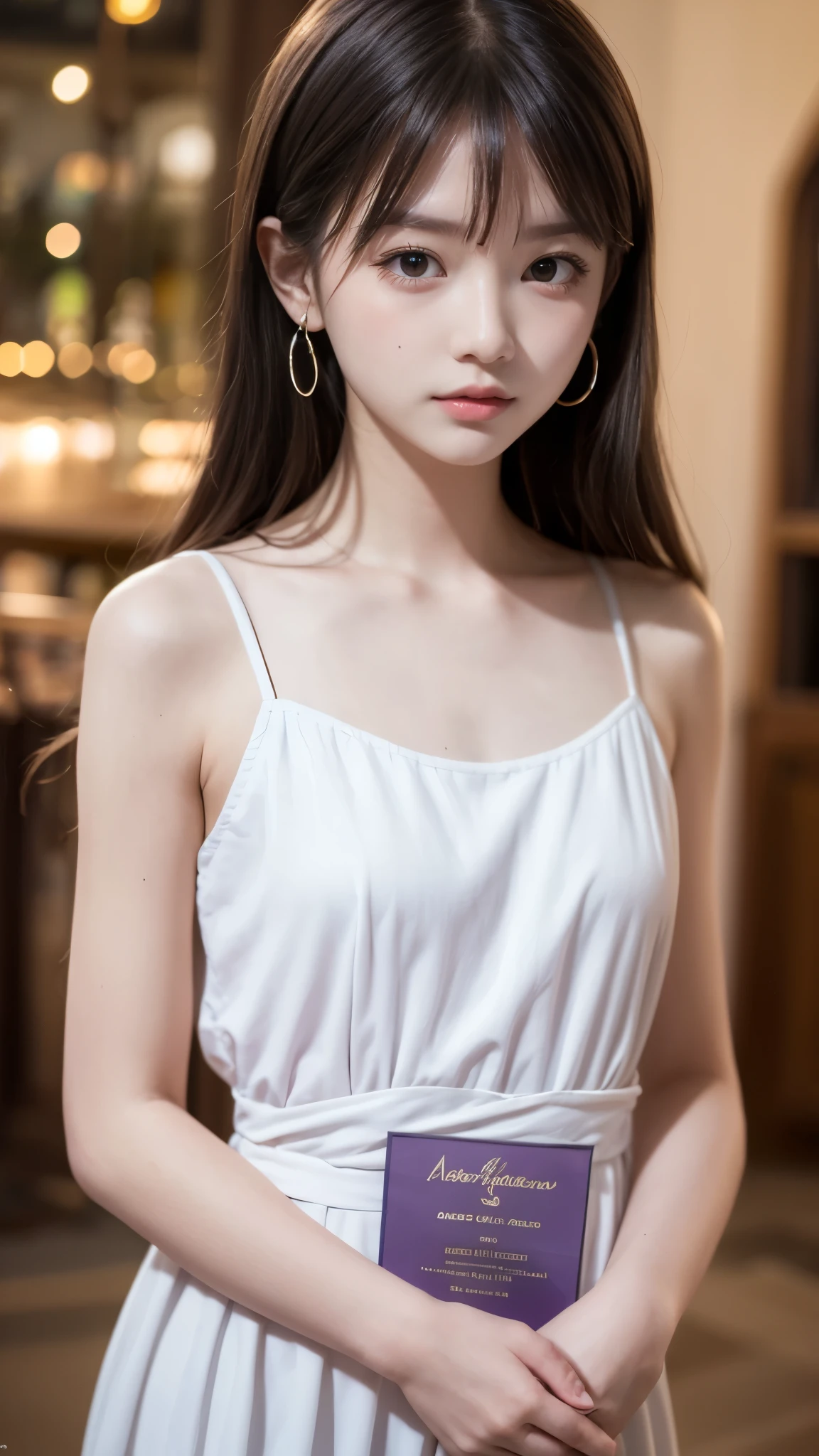 masterpiece, Best Quality, 8k, 85 mm, RAW Photos, Absurd, Award-winning portraits, Alone, violet, Gardenia, Delicate girl, Upper Body, (:1.3, Idol's face), night, neon, Digital SLR, (View the viewer:1.3), nature, Frank, Sophisticated, Zola々right, Professional Writing, Film Grain, chromatic aberration, (Bokeh:1.1), (Detailed eyes and face:1.2, Professional photography), (Beautiful small face, Beautiful Eyes, Pretty lips, High nose, double eyelid), (Tight waist:1.4), (Beautiful breasts:1.3), (Small beautiful butt), (Slender body line), (Detailed hands:1.3, Perfectly right move)