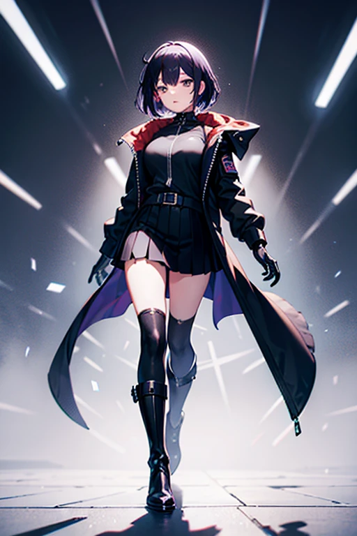 1 robot girl, black jacket, Black gloves, short black skirt, black boots, purple hair.