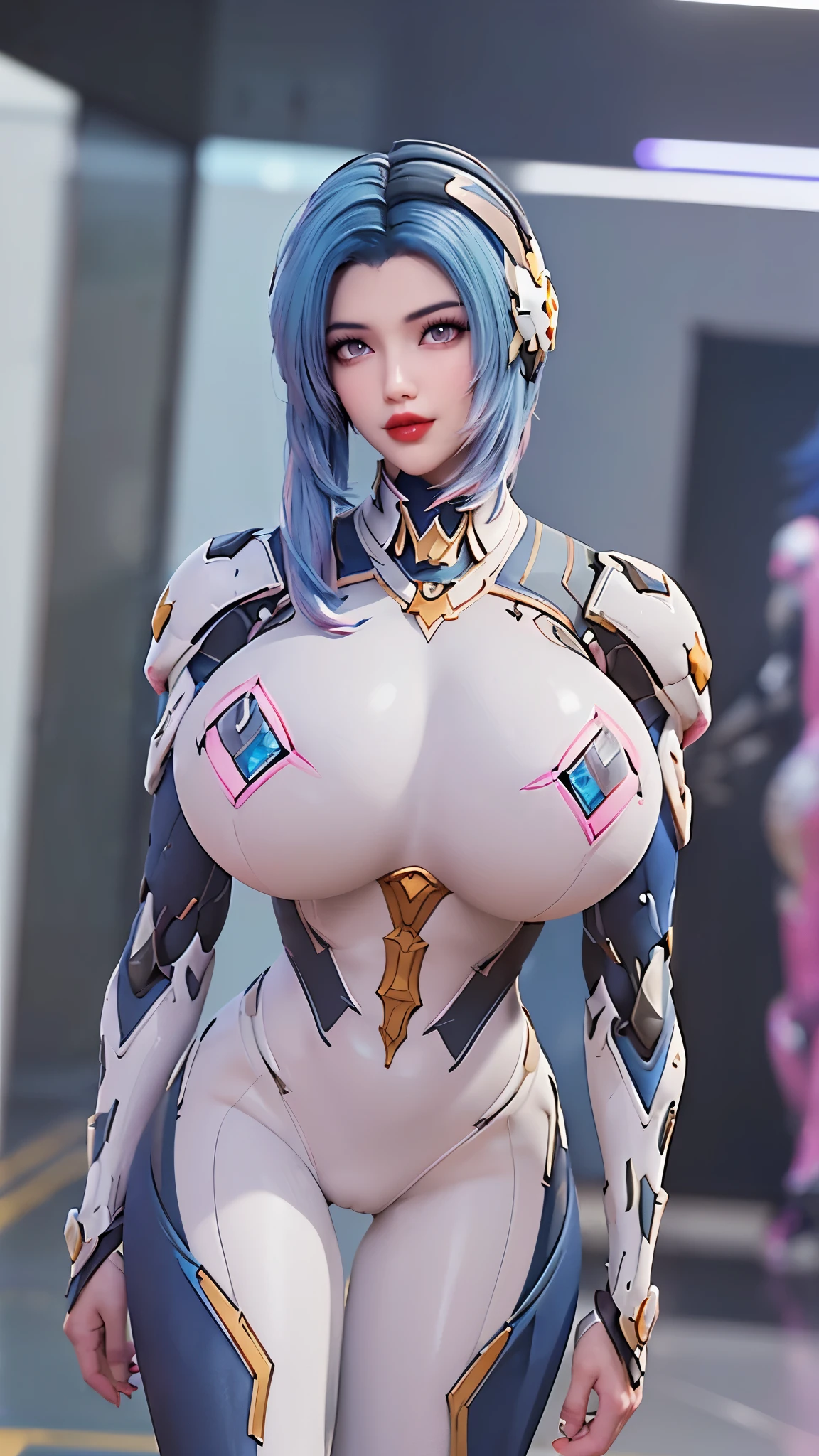 A beauty girl with (blue pink hair, multiple color long hair:1.7), mecha_musume, 1GIRL, (CLOSE UP UPPER BODY:0.8), (COWBOY SHOT PORTRAIT:1.4), (LED HEAD HELM:1.5),((HUGE FAKE BREASTS:1.5)), (11 line ABS:1.3), ((MECHA GUARD ARMS, MECHA GUARD SHOULDER CRYSTAL CORE:1.2)), (SHINY CRYSTAL CORE ON MECHA STARRY SKY MOTIF ARMOR FORM OVERWATCH,WHITE MECHA SKINTIGHT BABES ROUND BOOBS SUIT:1.5), (MUSCULAR HOURGLASS BODY, GLOWING BODY PALE SKIN:1.3), (LOOKING AT VIEWER:1.5), (HALLWAY OF FUTURISTIC SPACE STATION:1.3), (BRIGHT LIGHT WHITE_ROOM:1.3), HYPER TEXTURE, UNREAL ENGINE RENDER, PHYSICALLY-BASED RENDERING, ULTRA HIGHT DEFINITION, 16K, DSLR, 1080P.