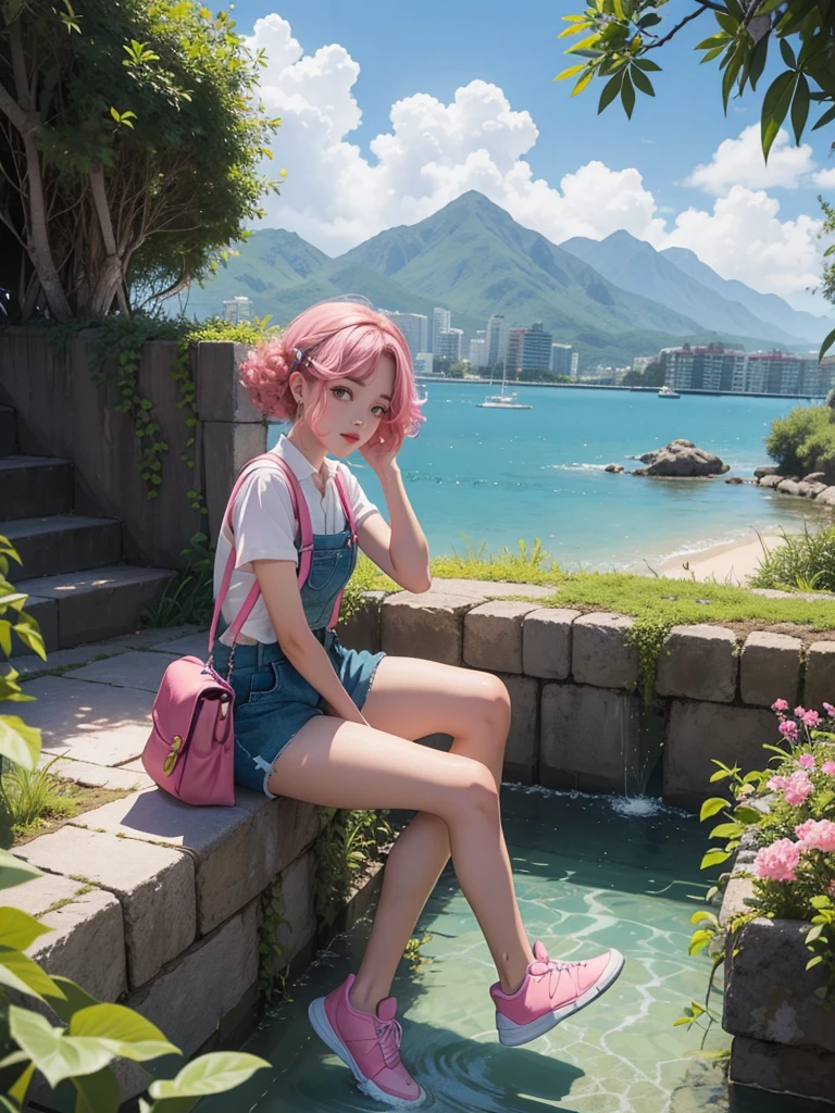 a woman with a large bust, sitting on a bench in a park-like setting. She appears to be a cartoon or anime character, and her body is prominently displayed. The bench she is sitting on is located in the background, and the overall scene has a playful and whimsical vibe.