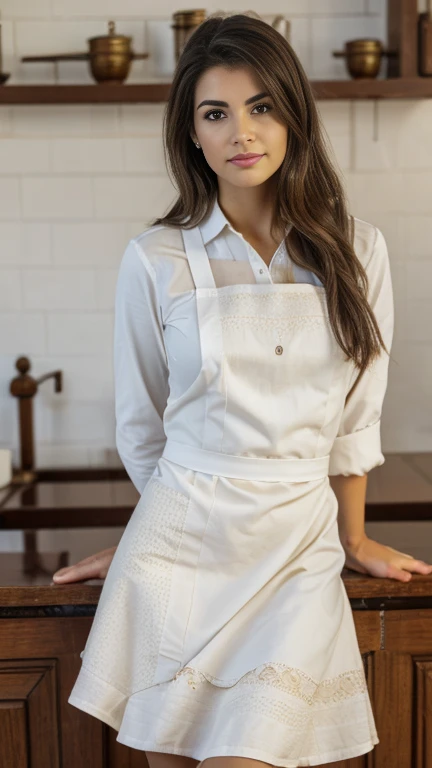 Front view , in Spanish inn counter, a Spanish  ancient girl, looking at viewer, Spanish girl is 20 years old, (Highly detailed face, brown hair ,long hair, Brown eye , serious), (middle breasts, wide hip), (Spanish ancient wear, cotton elegant blouse, cotton long skirt), ((white apron with:1.5)), leather shoes ), in inn, young hostess, noon  ((Surrealism,  retina, masterpiece, anatomically correct, accurate, textured skin, super detail, high details, high quality, best quality,  8k))
