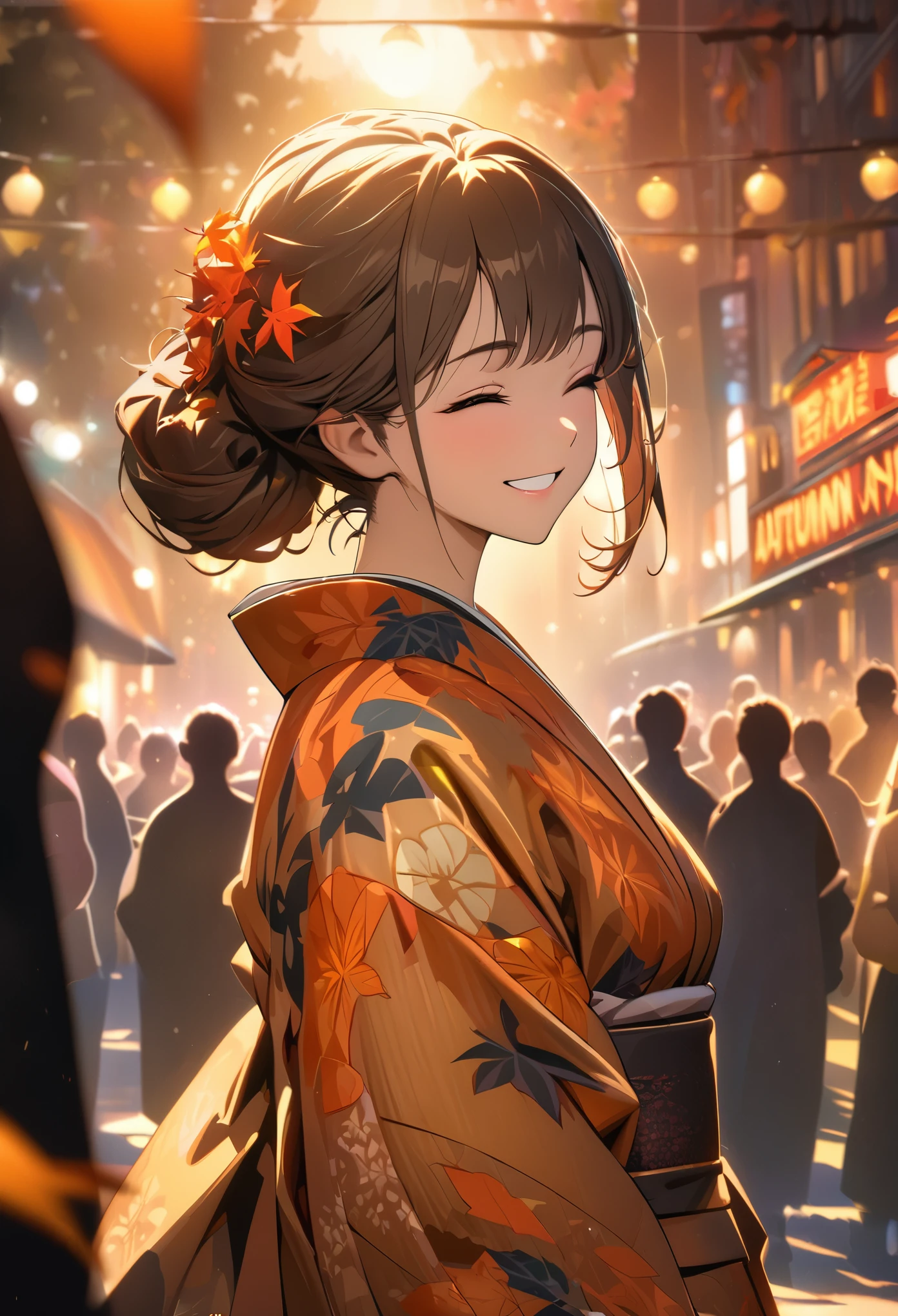 (best quality,8k,highres, masterpiece:1.2), (anime style),ultra-detailed, HDR, UHD, studio lighting, ultra-fine painting, sharp focus, physically-based rendering, extreme detail description, professional, vivid colors, bokeh, portraits, concept artists, warm color palette, dramatic lighting,auturmn festival night,1 beautiful woman,(orange flower pattern kimono),updo, big smile, closed eyes, (A park with beautiful autumn leaves),(beautiful hair, glowing skin,),(Silhouette of a passing crowd),(Autumn leaves flutter),