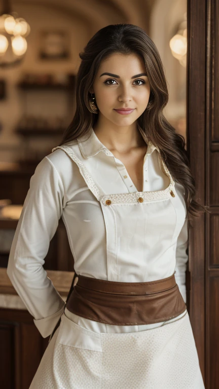 Front view , in Spanish inn counter, a Spanish  ancient girl, looking at viewer, Spanish girl is 20 years old, (Highly detailed face, brown hair ,long hair, Brown eye , serious), (middle breasts, wide hip), (Spanish ancient wear, cotton elegant light green blouse, cotton long skirt), ((white apron with:1.5)), leather shoes ), in inn, young hostess, noon  ((Surrealism,  retina, masterpiece, anatomically correct, accurate, textured skin, super detail, high details, high quality, best quality,  8k))
