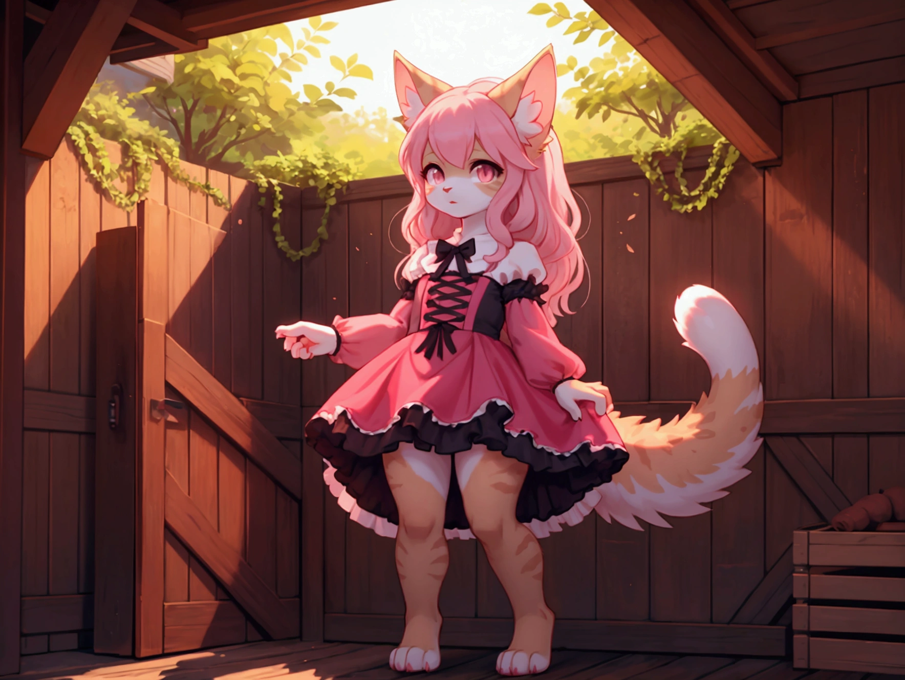 Furry  girl，Fluffy tail，Emphasis on white fur，Ultra-fine fur，Cute toddleShort pink skirt，Young，Petite and cute emphasis，Detailed characters，A smile on his face，Pink meat pad，Enhance long-haired animals:1.2，the night，borgar:1.1