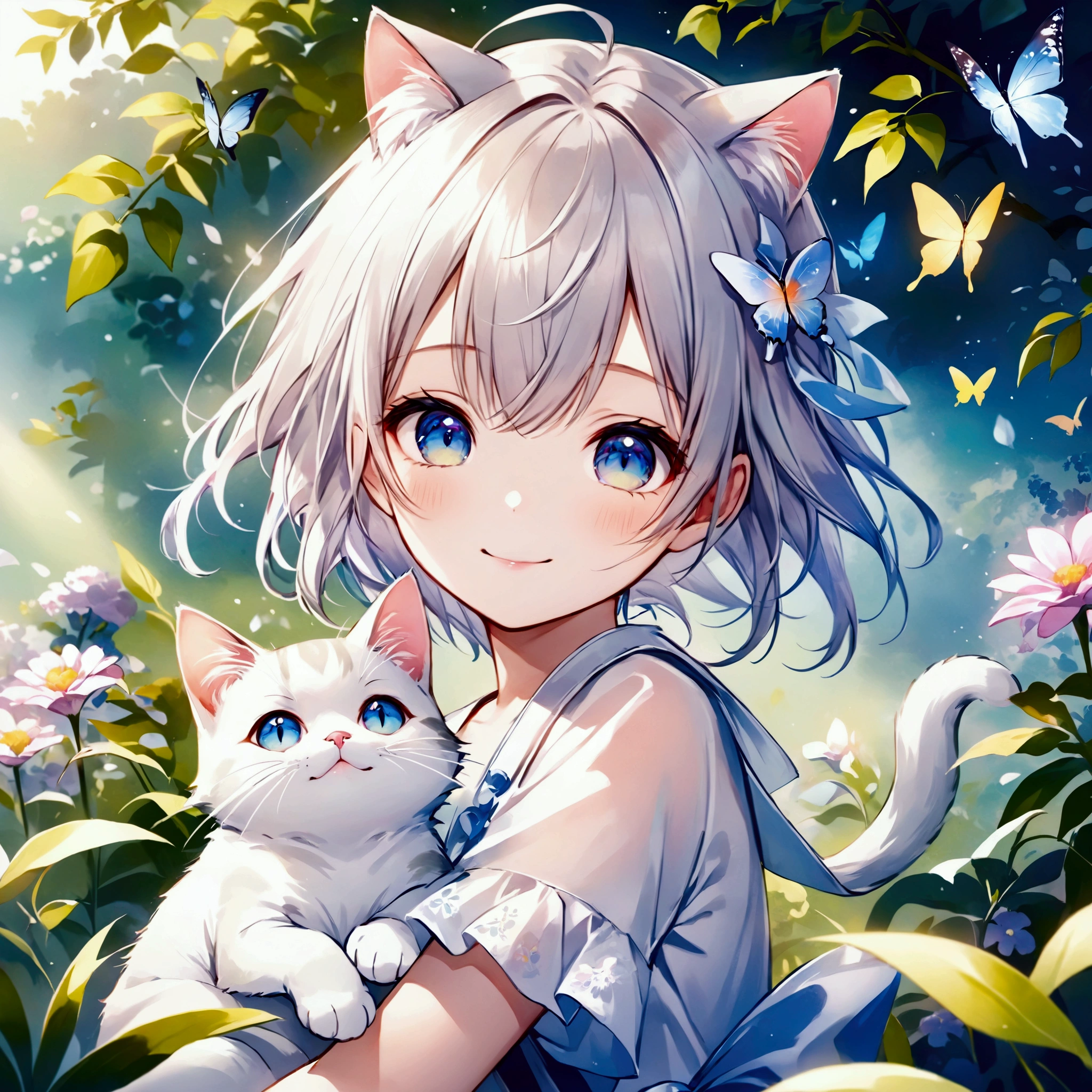 （Please redeem）（watercolor）Smiling anime girl with cat and butterfly in the garden、Smiling Eyes、Detailed digital art、Very pretty anime cat girl、Anime Style 4k、Soft anime illustration、Guweiz style artwork、Beautiful anime cat girl、Anime Art Wallpaper 4K、Anime Art Wallpaper 4K、Cute digital art、Anime fantasy illustration、Anime Art Wallpaper 8K
