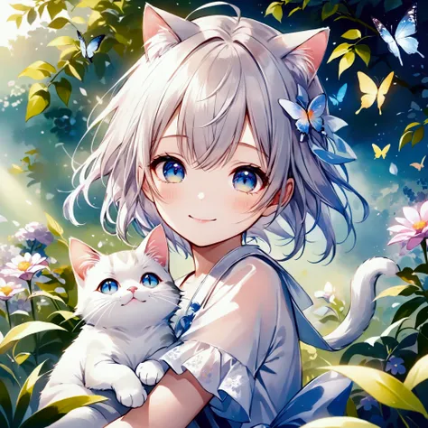 （please redeem）（watercolor）smiling anime girl with cat and butterfly in the garden、smiling eyes、detailed digital art、very pretty...