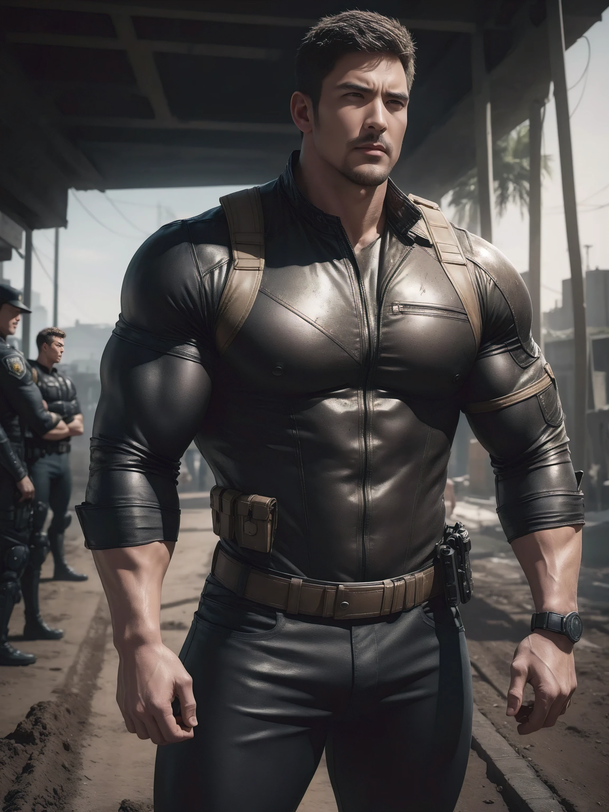 Open mouth and screamAngry super Muscular man,  Flat head，On a vintage outdoor street under the hot sun, Wear the Cream Long Sleeve Superhero Bodysuit, Body wrapped in mud，The clothes are dirty，There are mud stains，The expression is very arrogant, Thick thighs, Messy hair, Thick thighs, High target collar, Long sleeve, Cream Superhero Bodysuit, Very tight, Regular symmetrical pattern, High targetlight muscles, Police uniform pants, Character Concept（Resident Evil - Chris Redfield, Chris Redfield）Proud expression, Deep and charming eyes, Valiant male pose, tall Burly, Muscular！Muscular thighs, Tough Guy, Perfect facial features, High target, Burly, Heqiang, Super exquisite and cool, High target Resolution Committee, Charming, The sun is strong, Dazzling