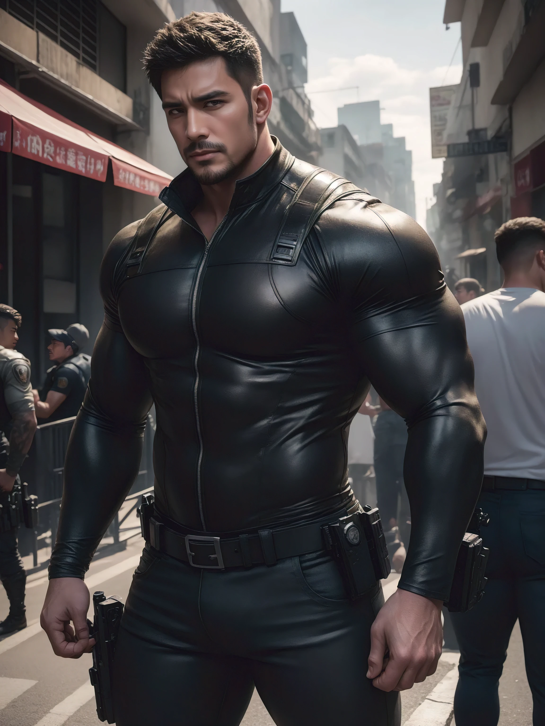 1 Angry super muscular man with open mouth screaming, Flat head,On a vintage outdoor street under the hot sun, Wear the Cream Long Sleeve Superhero Bodysuit, Body wrapped in mud,The clothes are dirty,There are mud stains,The expression is very arrogant, Thick thighs, Messy hair, Thick thighs, High target collar, Long sleeve, Cream Superhero Bodysuit, Very tight, Regular symmetrical pattern, High targetlight muscles, Police uniform pants, Character Concept(Resident Evil - Chris Redfield, Chris Redfield)Proud expression, Deep and charming eyes, Valiant male pose, tall Burly, Muscular!Muscular thighs, Tough Guy, Perfect facial features, High target, Burly, Heqiang, Super exquisite and cool, High target Resolution Committee, Charming, The sun is strong, Dazzling