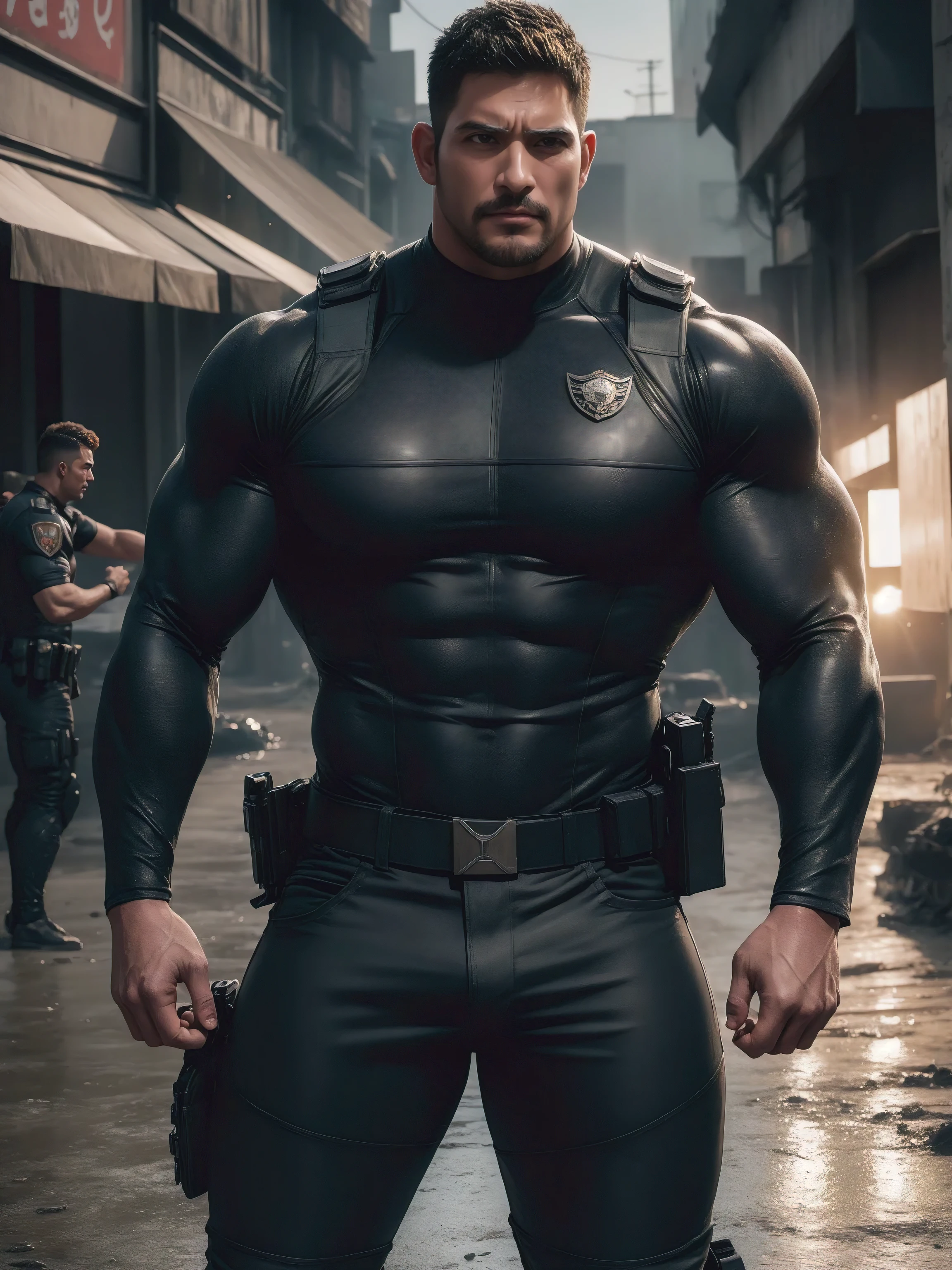 1 Angry super muscular man with open mouth screaming, Flat head,On a vintage outdoor street under the hot sun, Wear the Cream Long Sleeve Superhero Bodysuit, Body wrapped in mud,The clothes are dirty,There are mud stains,The expression is very arrogant, Thick thighs, Messy hair, Thick thighs, High target collar, Long sleeve, Cream Superhero Bodysuit, Very tight, Regular symmetrical pattern, High targetlight muscles, Police uniform pants, Character Concept(Resident Evil - Chris Redfield, Chris Redfield)Proud expression, Deep and charming eyes, Valiant male pose, tall Burly, Muscular!Muscular thighs, Tough Guy, Perfect facial features, High target, Burly, Heqiang, Super exquisite and cool, High target Resolution Committee, Charming, The sun is strong, Dazzling