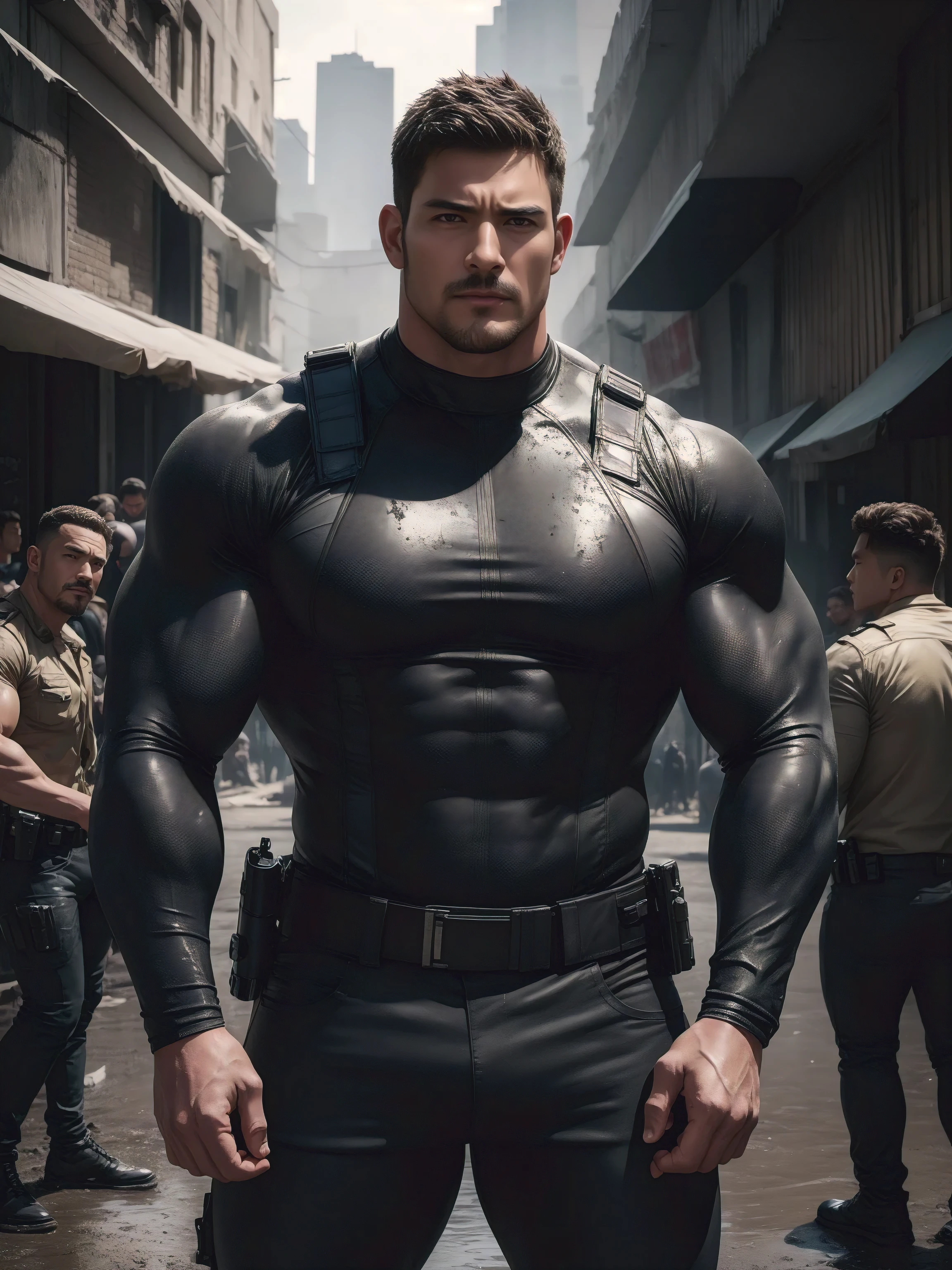 1 Angry super muscular man with open mouth screaming,  Flat head，On a vintage outdoor street under the hot sun, Wear the Cream Long Sleeve Superhero Bodysuit, Body wrapped in mud，The clothes are dirty，There are mud stains，The expression is very arrogant, Thick thighs, Messy hair, Thick thighs, High target collar, Long sleeve, Cream Superhero Bodysuit, Very tight, Regular symmetrical pattern, High targetlight muscles, Police uniform pants, Character Concept（Resident Evil - Chris Redfield, Chris Redfield）Proud expression, Deep and charming eyes, Valiant male pose, tall Burly, Muscular！Muscular thighs, Tough Guy, Perfect facial features, High target, Burly, Heqiang, Super exquisite and cool, High target Resolution Committee, Charming, The sun is strong, Dazzling