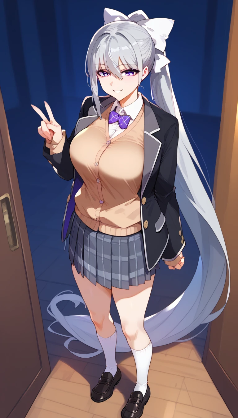 score_9, score_8_up, score_7_up, hk1, purple eyes, grey hair, hair between eyes, long hair, very long hair, ponytail, mole, mole under eye, bow, white bow、Big Breasts、
shirt, white shirt, necktiepurple necktieCardigan, brown Cardigan, jacket, black jacket, blazer, skirt, grey skirt, plaid skirt, socks, white socks, loafers, black footwear, smile