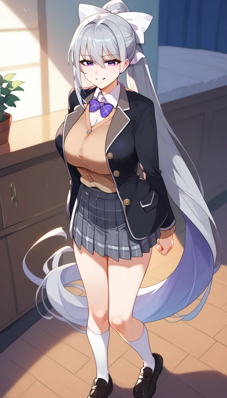 score_9, score_8_up, score_7_up, hk1, purple eyes, grey hair, hair between eyes, long hair, very long hair, ponytail, mole, mole under eye, bow, white bow、Big Breasts、
shirt, white shirt, necktiepurple necktieCardigan, brown Cardigan, jacket, black jacket, blazer, skirt, grey skirt, plaid skirt, socks, white socks, loafers, black footwear, smile