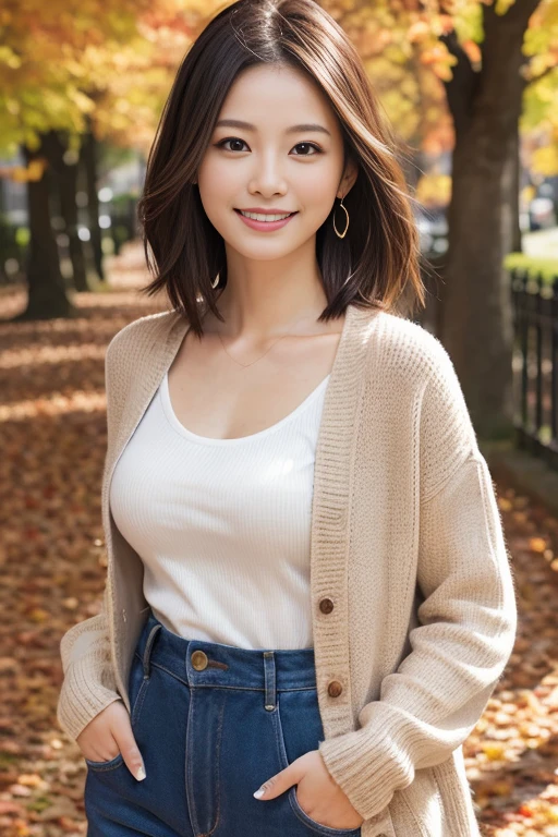 (masutepiece), (Best Quality), Realistic, Photorealism, 1girl, Beautiful woman, Perfect face, Perfect body、(Fashionable autumn clothes) 、Smile, medium breast, realistic skin textures、high-level image quality、hight resolution、realistic、