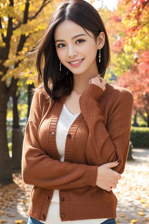 (masutepiece), (Best Quality), Realistic, Photorealism, 1girl, Beautiful woman, Perfect face, Perfect body、(Fashionable autumn clothes) 、Smile, medium breast, realistic skin textures、high-level image quality、hight resolution、realistic、