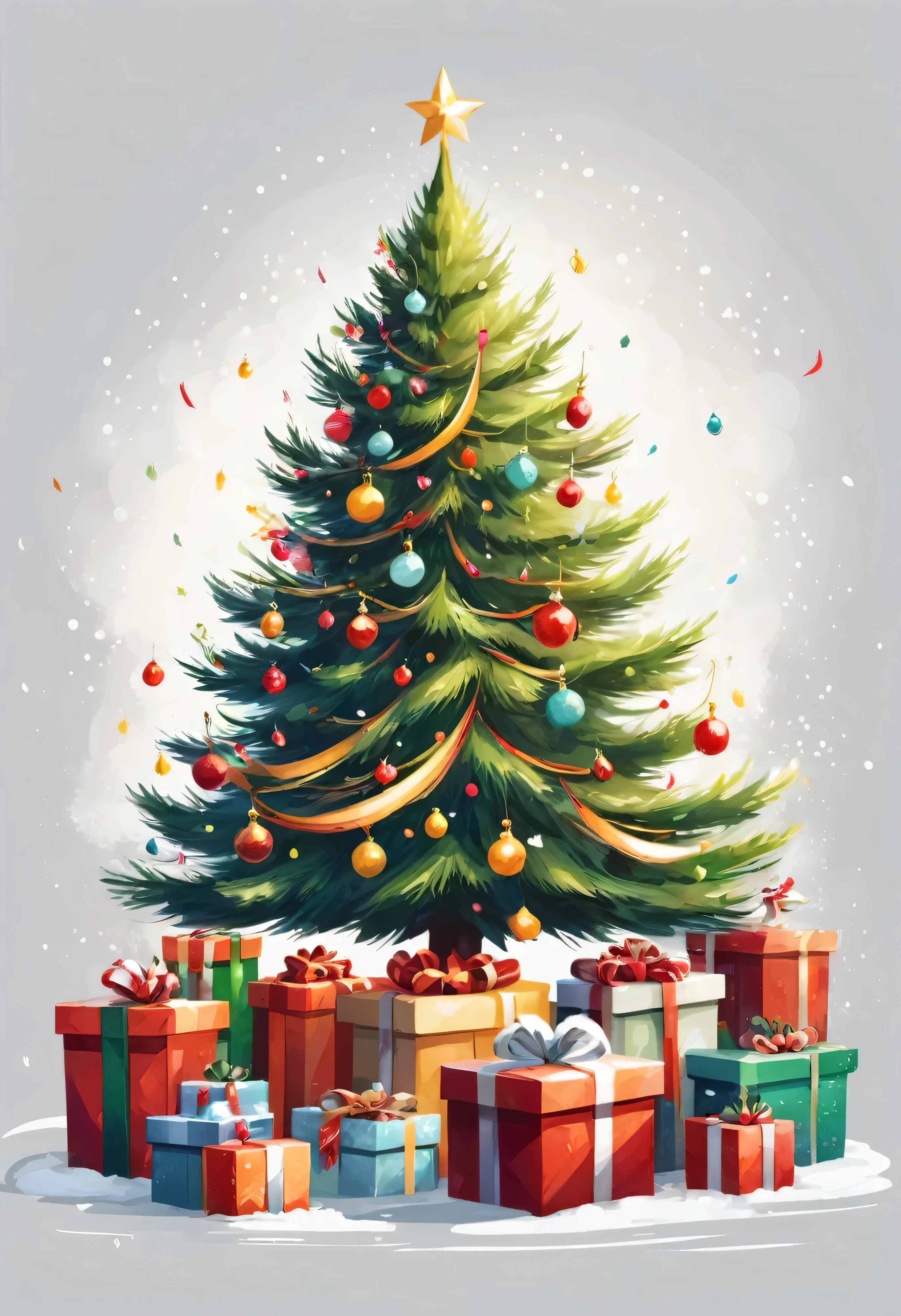 The Christmas tree is adorned with various giftsincluding simple brushstrokes, illustrations,minimalist styles, a white background.