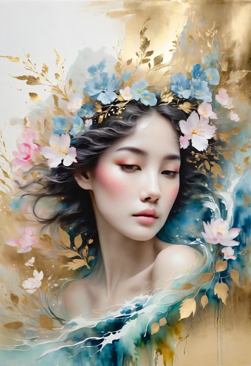 

"Create a stunning portrait of a graceful woman, using delicate, flowing brushstrokes of vibrant paint that blend seamlessly with accents of shimmering gold leaf. Her serene expression reflects elegance and wisdom, framed by cascading waves of rich, textured hair. The background is a blend of soft, muted colors—like pastel blues and dusky pinks—allowing the gold leaf to stand out in intricate patterns that accentuate the contours of her face and clothing. The gold shines softly, as if catching light from a distant, unseen source, evoking a sense of timeless beauty and refinement."

This should capture the ethereal quality you're going for, with both the detailed painting and the luminous gold leaf elements.High resolution, masterpiece, Winner of numerous awards, Best Quality, 