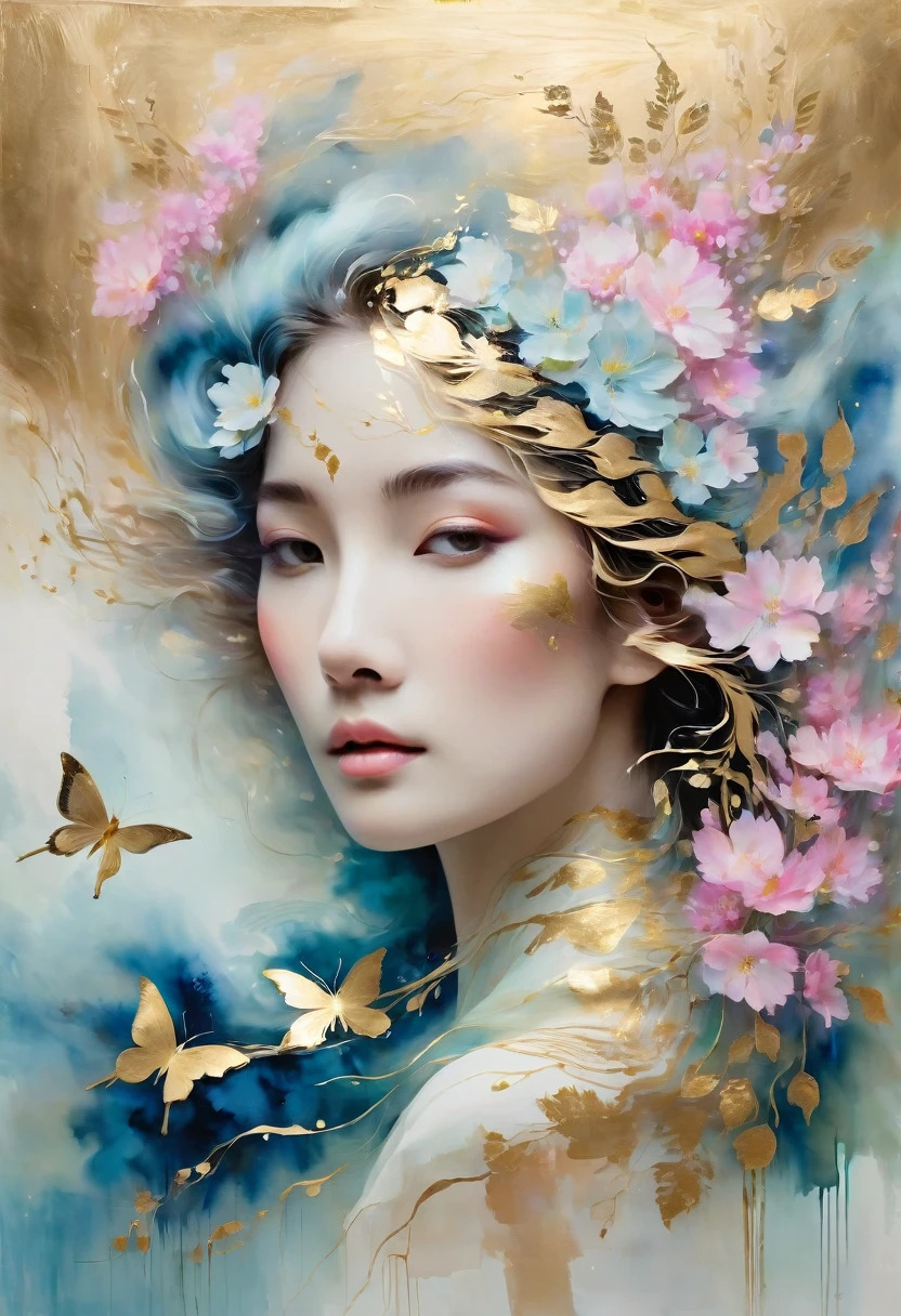 

"Create a stunning portrait of a graceful woman, using delicate, flowing brushstrokes of vibrant paint that blend seamlessly with accents of shimmering gold leaf. Her serene expression reflects elegance and wisdom, framed by cascading waves of rich, textured hair. The background is a blend of soft, muted colors—like pastel blues and dusky pinks—allowing the gold leaf to stand out in intricate patterns that accentuate the contours of her face and clothing. The gold shines softly, as if catching light from a distant, unseen source, evoking a sense of timeless beauty and refinement."

This should capture the ethereal quality you're going for, with both the detailed painting and the luminous gold leaf elements.High resolution, masterpiece, Winner of numerous awards, Best Quality, 