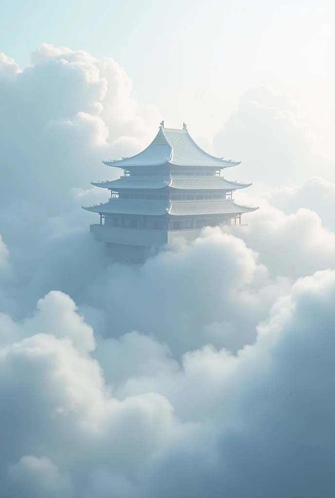 Interspersed in the looming clouds，The white Nantianmen is shrouded in mist，Large area of white space，Chinese ancient style，Ethereal illustration，Wide-angle lens，Tyndall light penetration，Colorful Lights and Shadows，3D Secret Realm，Hyperrealism,