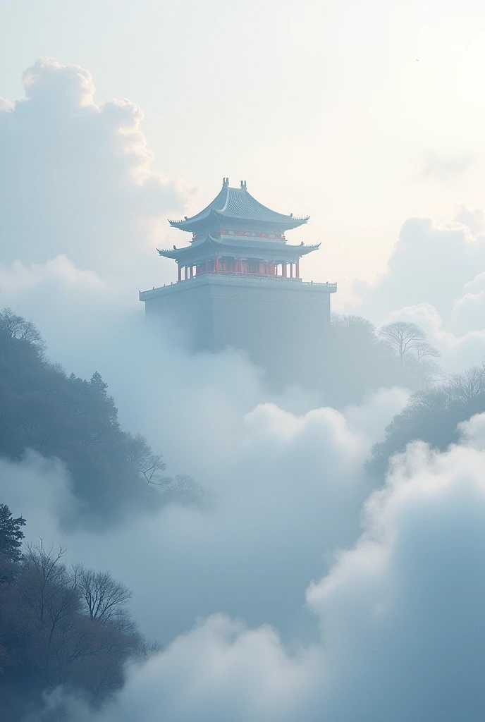 Interspersed in the looming clouds，The white Nantianmen is shrouded in mist，Large area of white space，Chinese ancient style，Ethereal illustration，Wide-angle lens，Tyndall light penetration，Colorful Lights and Shadows，3D Secret Realm，Hyperrealism,