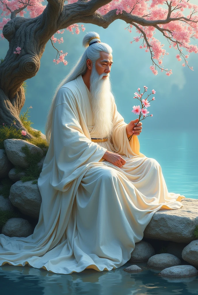 Old mythical Chinese King with long white hair and gentle eyes, wearing a kimono looks  as if it's made of water, holds a cherry blossom and flower twig sitting in quarter profile on a gray white stone, shimmering light water blue, under a gnarled old cherry tree, oil painting, 8k resolution,