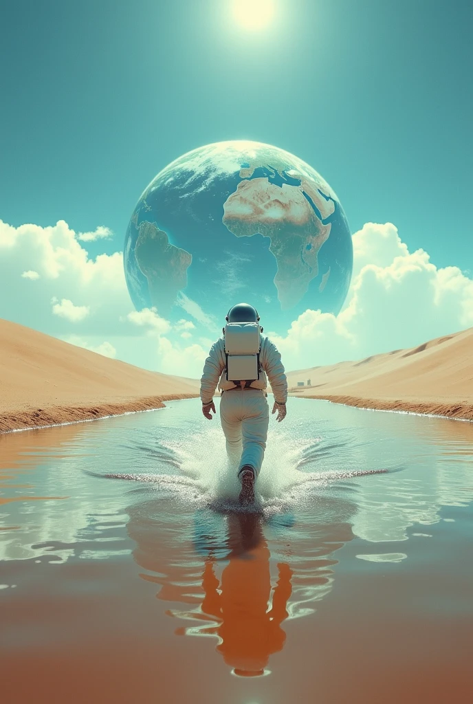 Surreal scene，Water and sky7：3 minute screen，Where the desert meets the sky, a globe，An astronaut with his back to the camera，Running desperately towards the distant earth，Astronaut close to the camera，The Earth is Far Away。Near is big, far is small，Astronauts can only see their upper bodies.，Others are submerged in desert。The sea and sky are similar in color，Weak gradient，Make the picture color more advanced，Aesthetic。Show a mystery，Future Science Fiction。Fisheye lens，Strong visual impact。Symmetrical composition，Looking up，Shoot from bottom to top。Astronauts are the main subject,