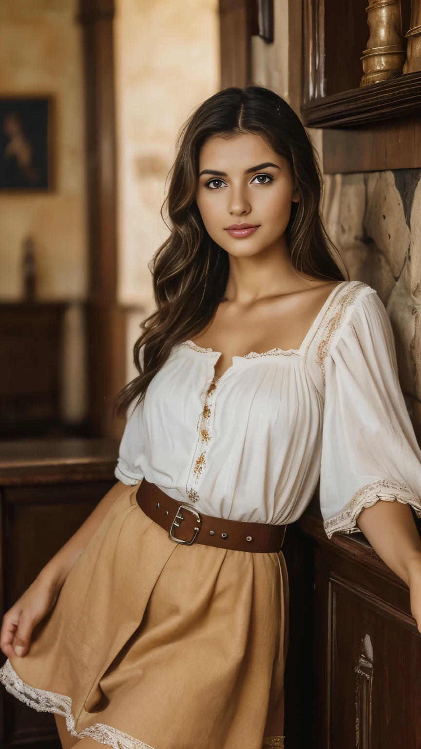 Front view , in Spanish inn counter, a Spanish  ancient girl, looking at viewer, Spanish girl is 20 years old, (Highly detailed face, brown hair ,long hair, Brown eye , serious), (middle breasts, wide hip), (Spanish ancient wear, cotton elegant blouse, cotton long skirt, white apron with, leather shoes ), in inn, young hostess, noon  ((Surrealism, Verism, UHD, retina, masterpiece, anatomically correct, accurate, textured skin, super detail, high details, high quality, best quality, highres, 8k))
