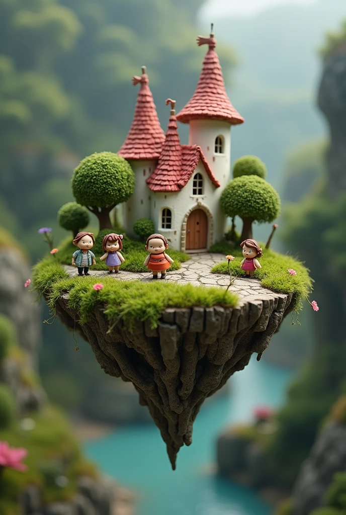 
Super macro photography of a tiny floating island with a miniature fairy tale castle and forest on it, against a detailed background, with super cute clay figures of tiny people featuring detailed face features, in the surrealism and fantasy style of blurred bokeh effect, with an ultra realistic photo quality and super resolution.