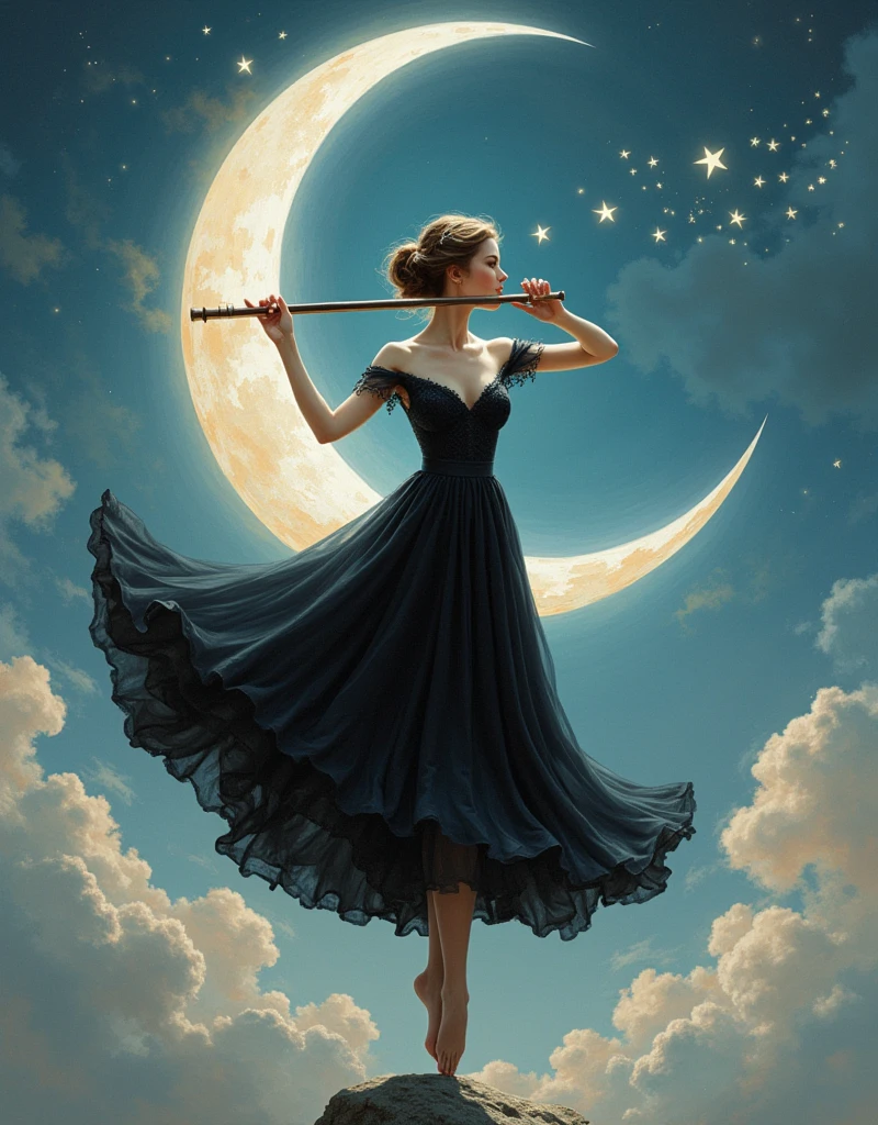 A beautiful girl dances gracefully in a black evening dress，Playing the flute，Balancing on a crescent moon in a surreal and dreamy sky。从 1912 年之前的Surrealism绘画中发现的强烈、Inspired by weird visuals，Rendering the composition，Shows melted elements that appear to drip and deform smoothly。Using a digital painting style should capture the scene，Like watching through long exposure technique，Create a sense of continuous movement and transformation。Mysterious and ethereal picture，The soft moonlight fills the surroundings，Use soft brushstrokes to render the whimsy and enchantment of the moonlight fantasy，Realism，photography，Monet，Rococo style，Surrealism，Ethnic art，graphic design，Game texture，Delicate facial features, anatomically correct, textured skin, accurate, award winning, UHD,  1wdnh1