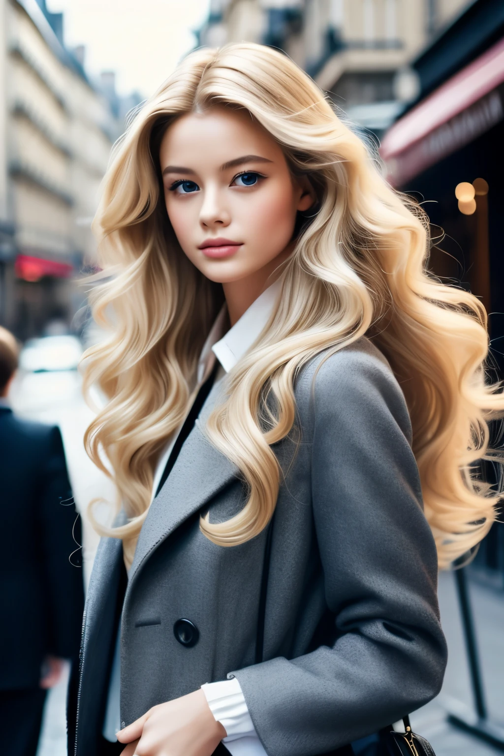 2015 film still movie, blonde long hair, elegant parisian girl wearing chic style,Wavy Hair,