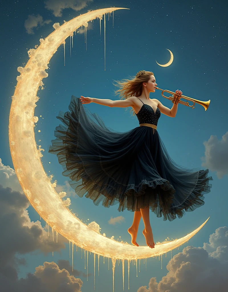 A beautiful girl dances gracefully in a black evening dress，Playing the trumpet，Balancing on a crescent moon in a surreal and dreamy sky。从 1912 年之前的Surrealism绘画中发现的强烈、Inspired by weird visuals，Rendering the composition，Shows melted elements that appear to drip and deform smoothly。Using a digital painting style should capture the scene，Like watching through long exposure technique，Create a sense of continuous movement and transformation。Mysterious and ethereal picture，The soft moonlight fills the surroundings，Use soft brushstrokes to render the whimsy and enchantment of the moonlight fantasy，Realism，photography，Monet，Rococo style，Surrealism，Ethnic art，Delicate facial features, anatomically correct, textured skin, accurate, award winning, UHD,  1wdnh1