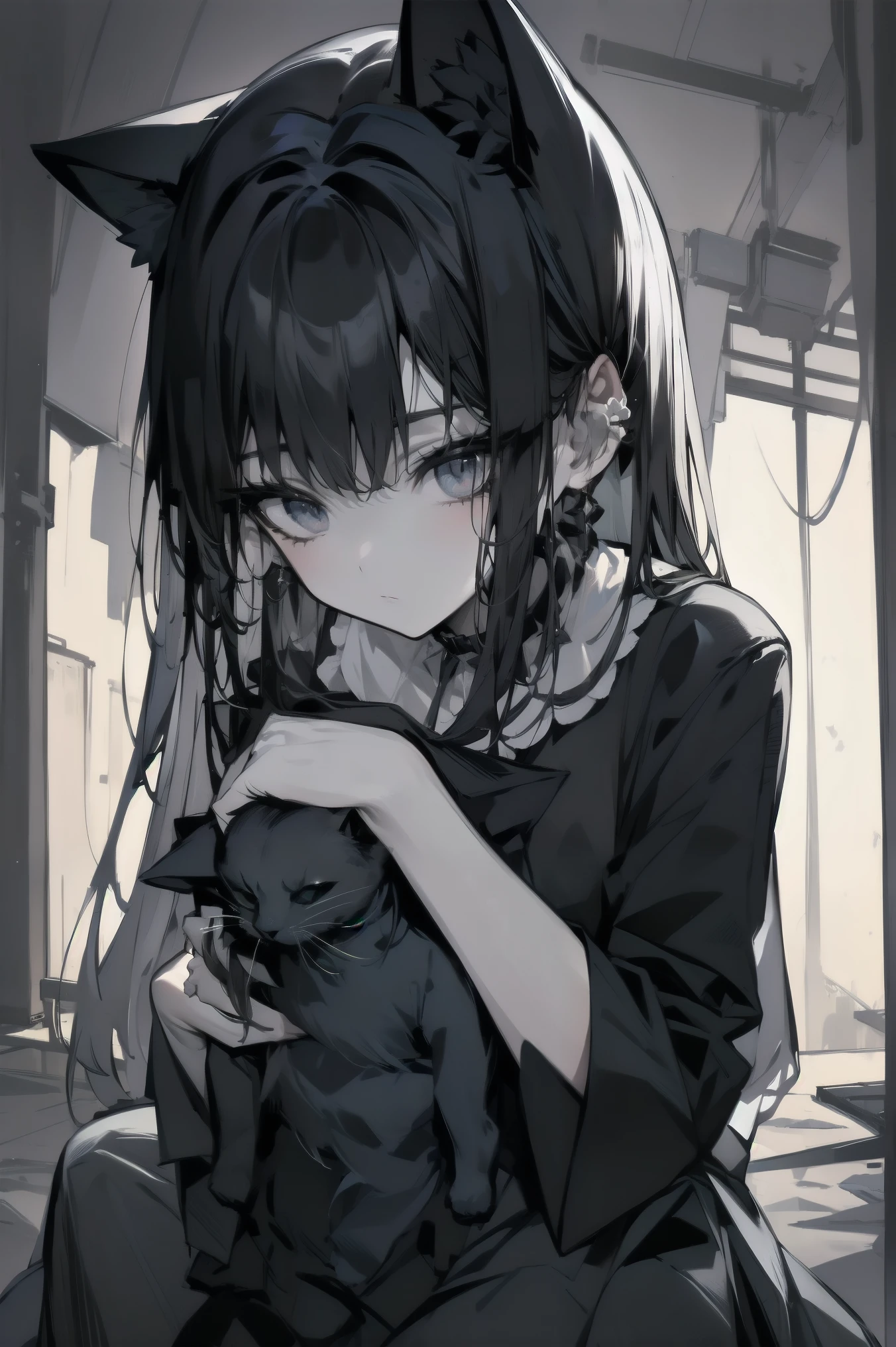 Beautiful anime girl playing with cat。Peaceful scenery。Hugging a cute cat。
