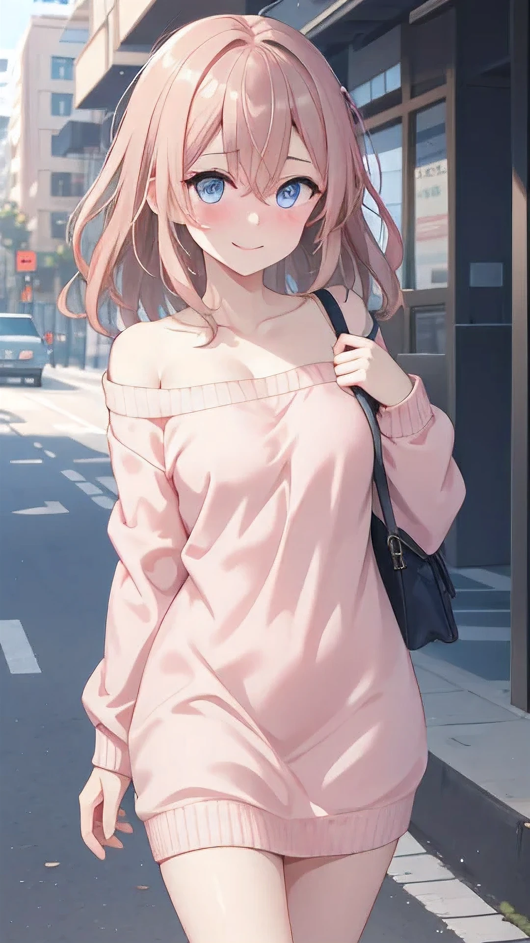 1girl, romantic academia, (masterpiece, best quality, ultra-detailed:1.2), 20yo, short, slender body, pale skin,
big eyes, droopy eyes, (cobalt blue eyes:1.1), light brown hair, {shoulder length hair:1.1}, hairs between eyes, BREAK,
salmon pink sweater dress, bandeau top, long sleeve, black pochette over the shoulder,
happy, smile, closed mouth, embarrassed, BREAK,
in the morning, in the city, on the street, 
walking, looking at viewer, cowboy shot,