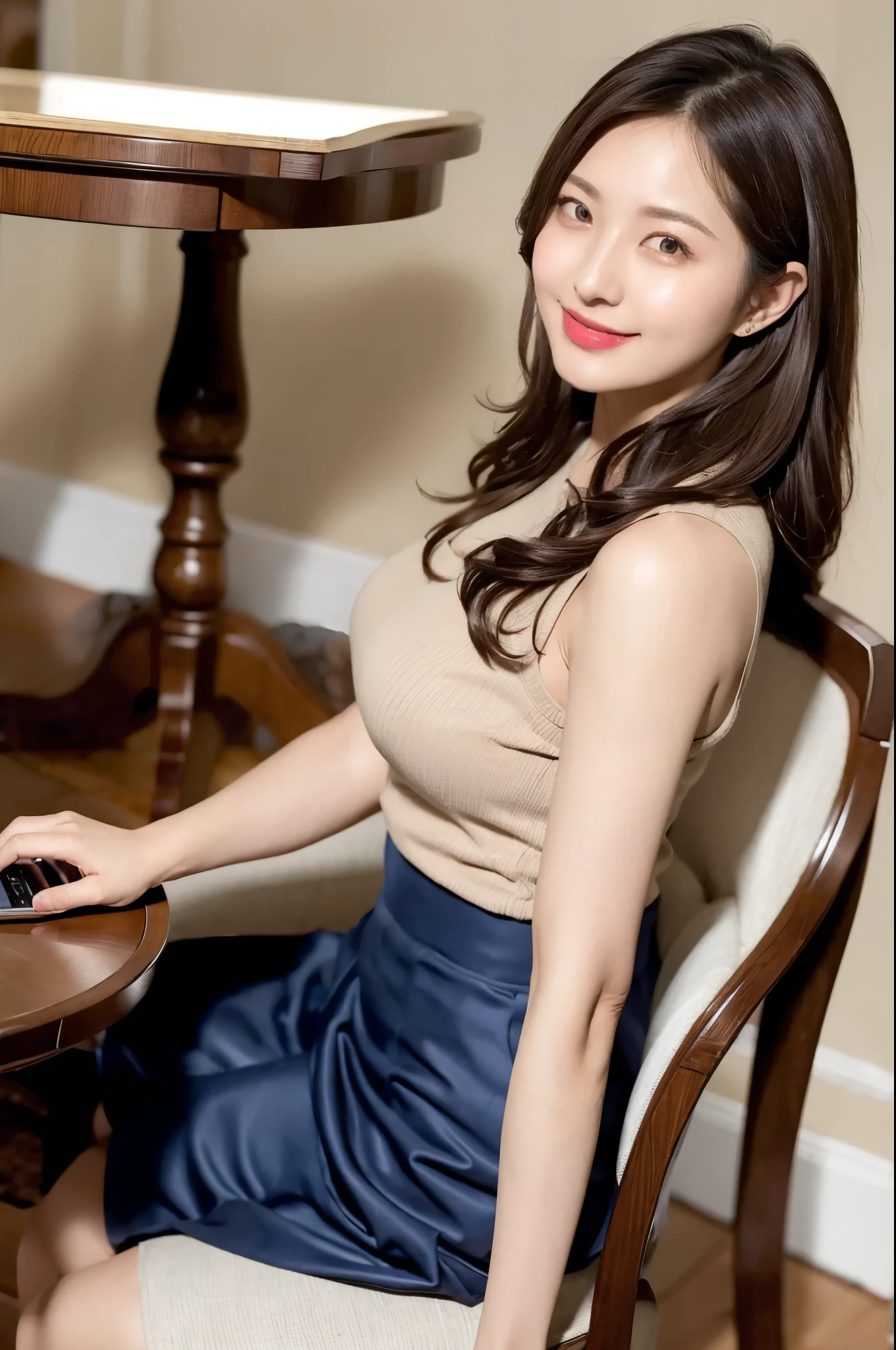 (((masterpiece))), (((Best Quality: 1.4))), ((Super detailed: 1.4)) , Woman in suit using tablet in room, mesmerizing beauty、pencil skirt、Super realistic stockings、Skirts and tights、A hardWorking and capable beautiful secretary、Work, Under the table, You can see her legs in pantyhose sitting on the chair、Live action movie stills, Complete equipment, With the magic tablet, side pose, [ real photos ]!!, 認真Work, sloth, elegant appearance, Grin、feeling of love、
