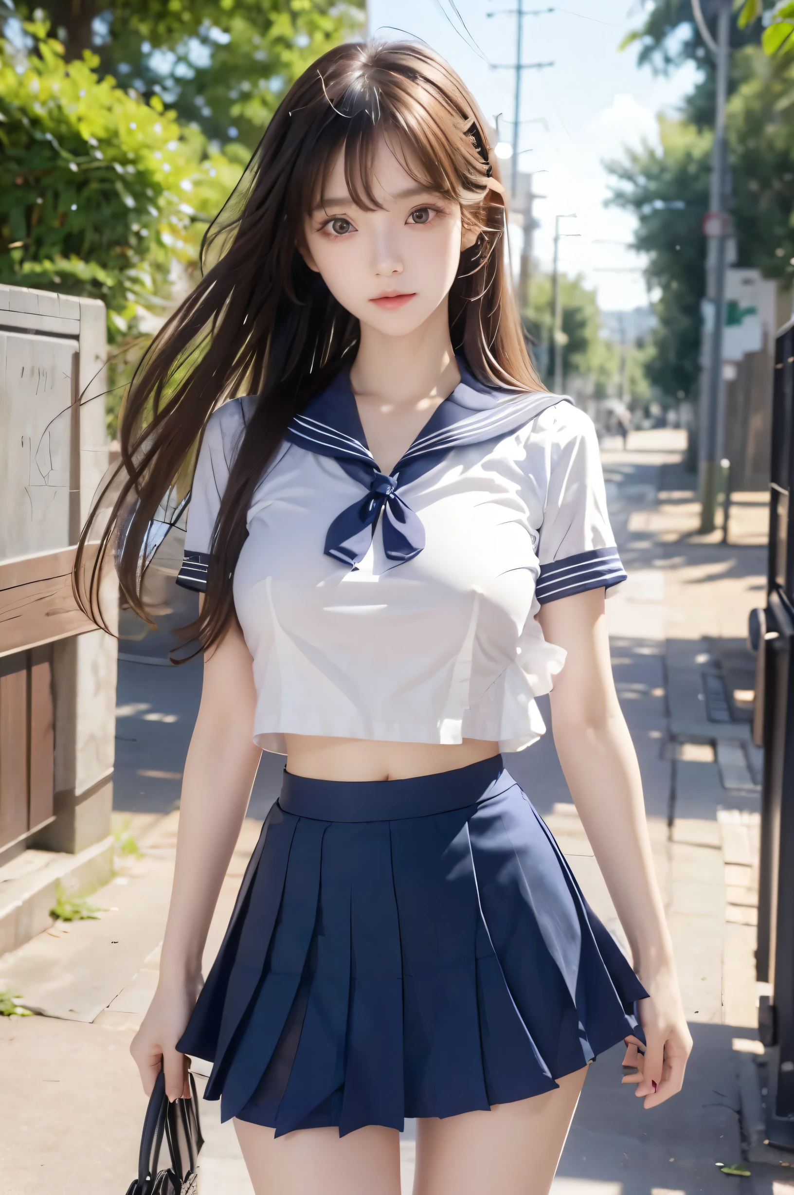 (Ultra HD), (Looking at me), (Short-sleeved sailor uniform, Navy blue mini skirt), Big Breasts, Super beautiful breasts, Slender, (Thin legs:1.2), (Thin thighs:1.2), (Thin Hips:1.4), (Beautiful Skin, Shiny skin, White skin), (Super slim face, Super beautiful face, No makeup, Smile:0.6), (Light Brown, Long Hair, Layered Cut, Fluffy hair), (Big eyes:1.3, High corners of the eyes:1.6, double eyelid), (Thin eyebrows:0.1), (Small Nose:0.6), (Thin lips:0.6), Beautiful Hands, Empty-handed, Standing, In front of the school gate