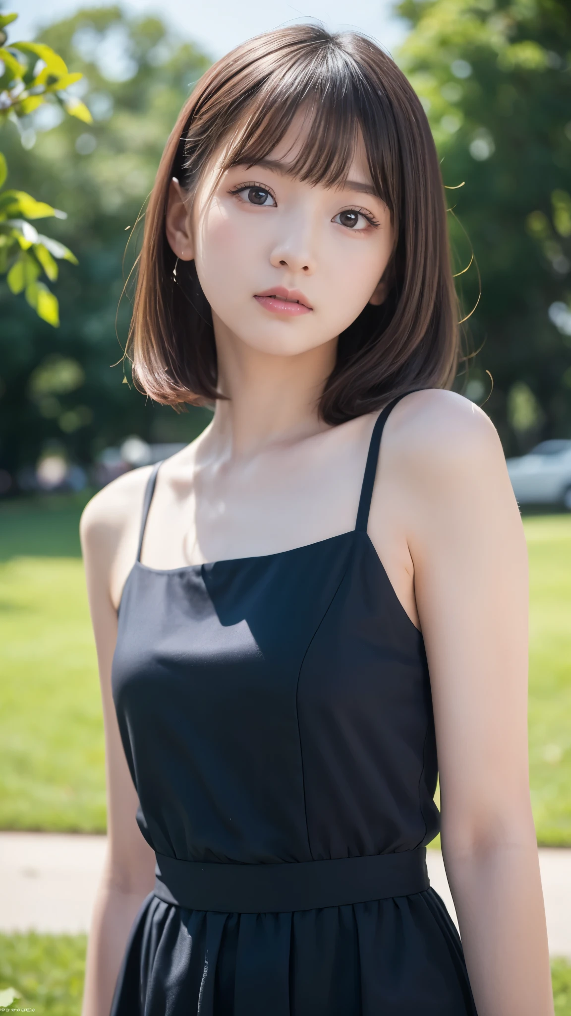 12-year-old girl、Bobcut、Tank top and hot pants、Round face、Embarrassing gesture、Embarrassed look、Looking up、Shoulder Bare、barefoot、Shopping mall