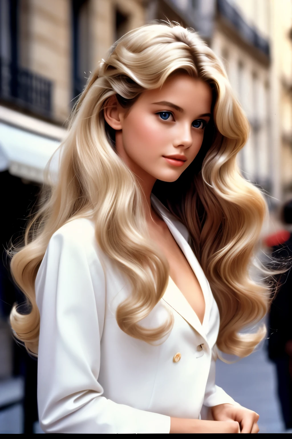 1990 film still movie, blonde long hair, elegant parisian girl wearing chic style,Wavy Hair, 