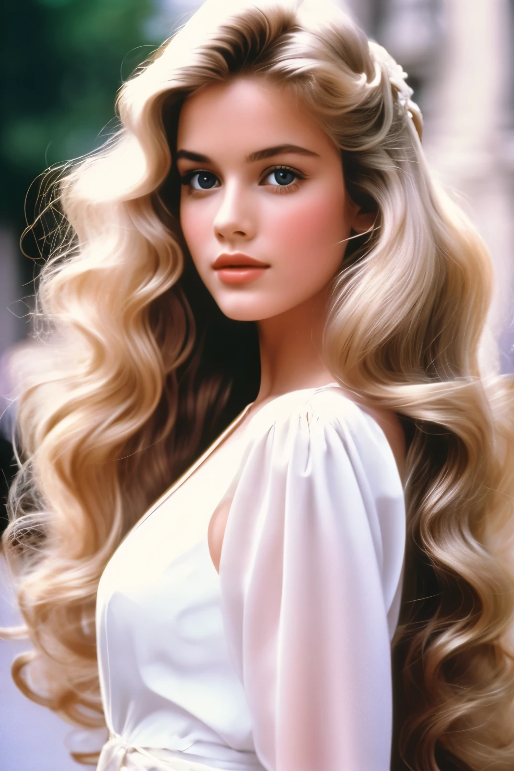 1985 film still movie, blonde long hair, elegant parisian girl wearing chic style,Wavy Hair, 