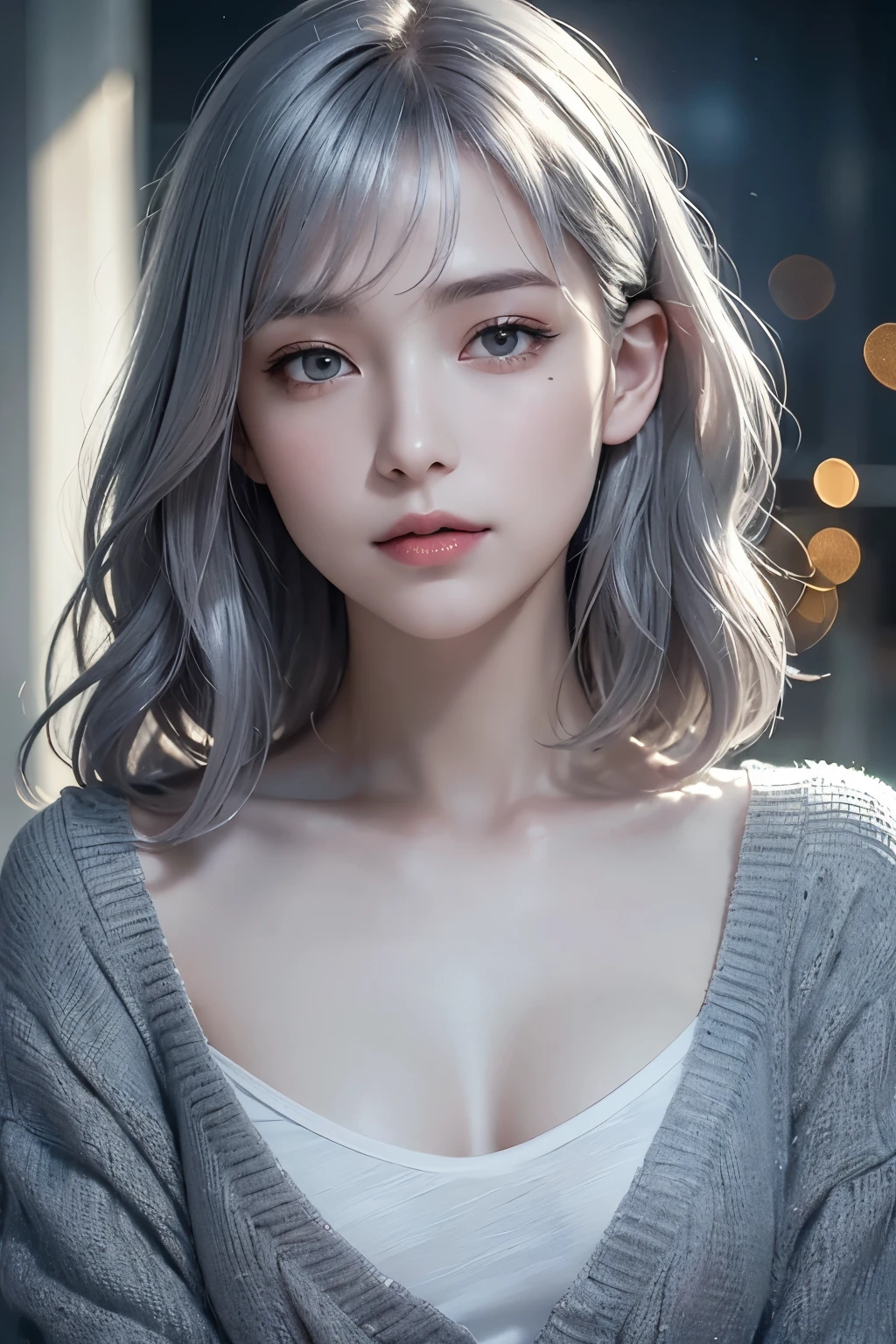 Woman with cool skin with a grayish blue look, modern style, (Top quality, high resolution, masterpiece), ultra detailed, (realistic, photorealistic), (beautiful woman),  (gentle smile), (((dark silver-gray bob hair with gentle waves))), (((small bust))), (autumn-like cardigan and white T-shirt), ((bust never exposed)), emphasis on light and dark, blurred background, impressive city sunset, twilight, ((twilight time, evening twilight time)), darkness descends, fantastical beauty,  close-up, portrait, (darkness), blurred background, depth of field, dramatic atmosphere, atmospheric perspective, soft focus, deep shadows, autumn vibes, sophisticated postmodern interior, autumnal atmosphere, sophisticated postmodern interior,
