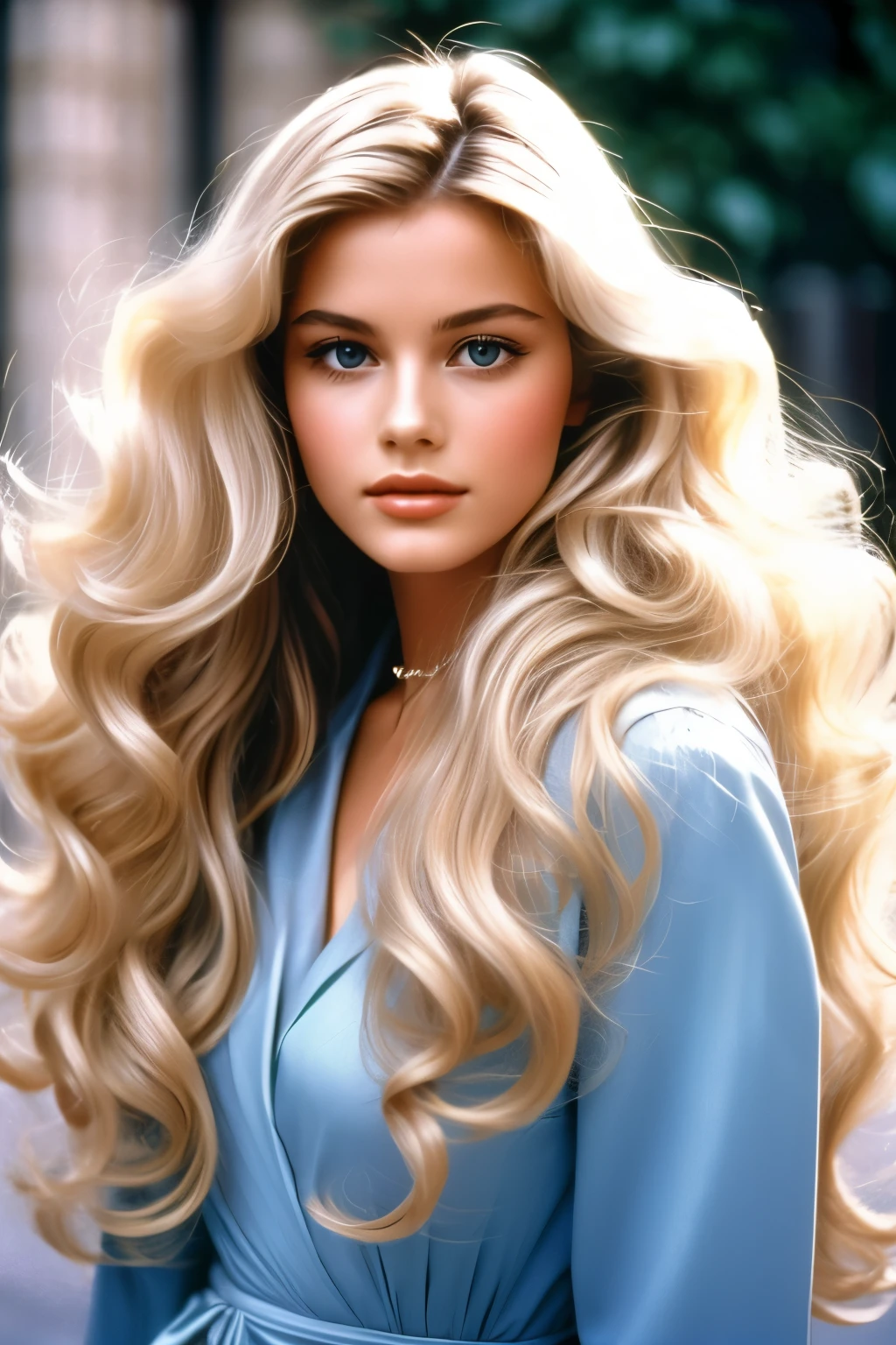 1980 film still movie, blonde long hair, elegant parisian girl wearing chic style,Wavy Hair,