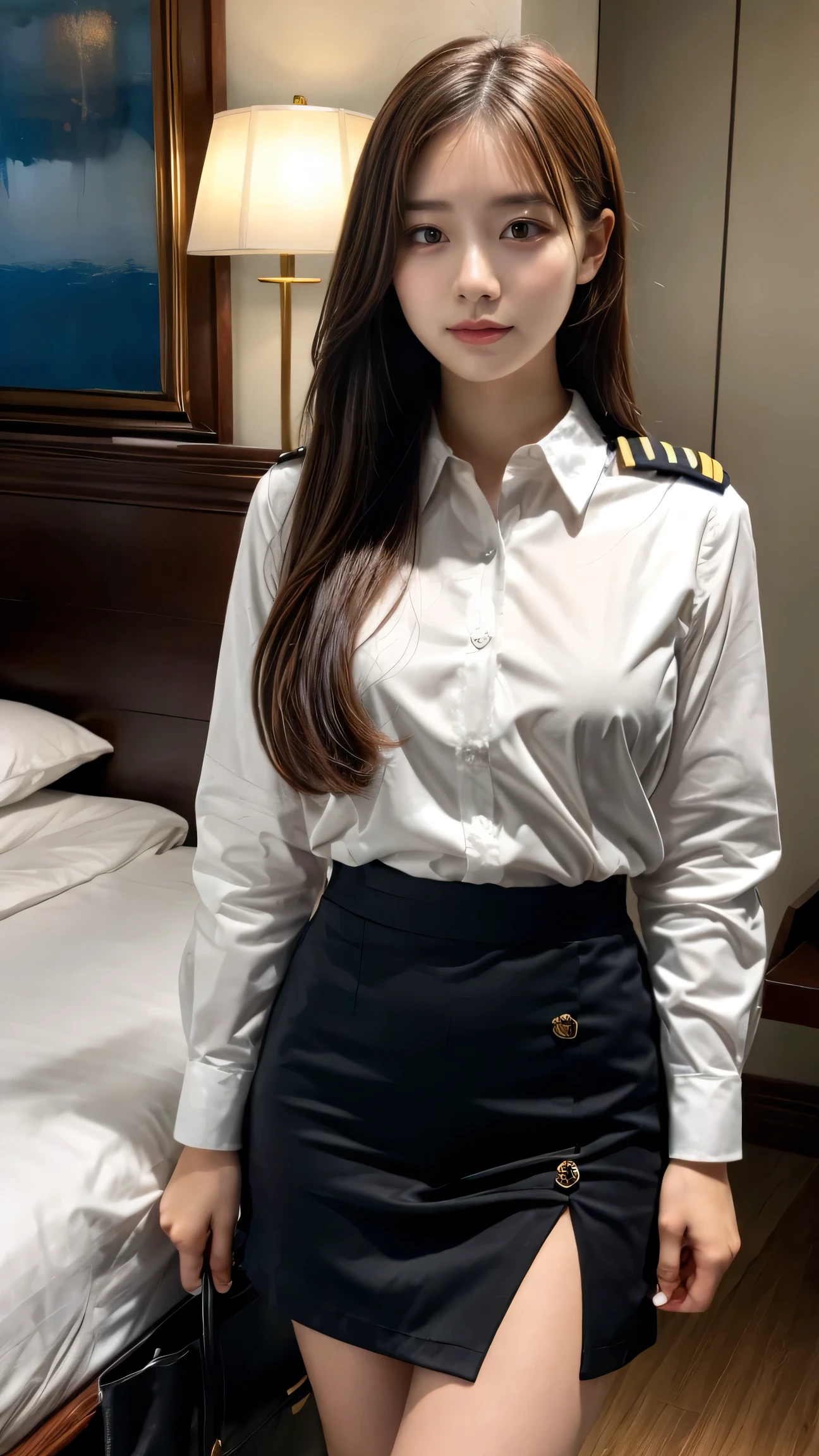 absurdres, RAW photo, extremely delicate and beautiful, masterpiece, Best Quality, ultra high resolution, 32k, hyperrealistic, ultra-detailed, perfect anatomy, anatomically correct, perfect figure, Perfect Style, Perfect balance, super Detailed skin, in her 30s, very Slim body, narrow waist, very small head, very small face, delicate facial features, handsome detailed woman, very detailed eyes and face, realistic face proportions, Realistic beautiful face, Realistic beautiful eyes, tearful mole, earring, big tits, whole body shot, medium hair, indoor, long military jacket, broad katana, (school_uniform:1.2), skirt, dress shirt,