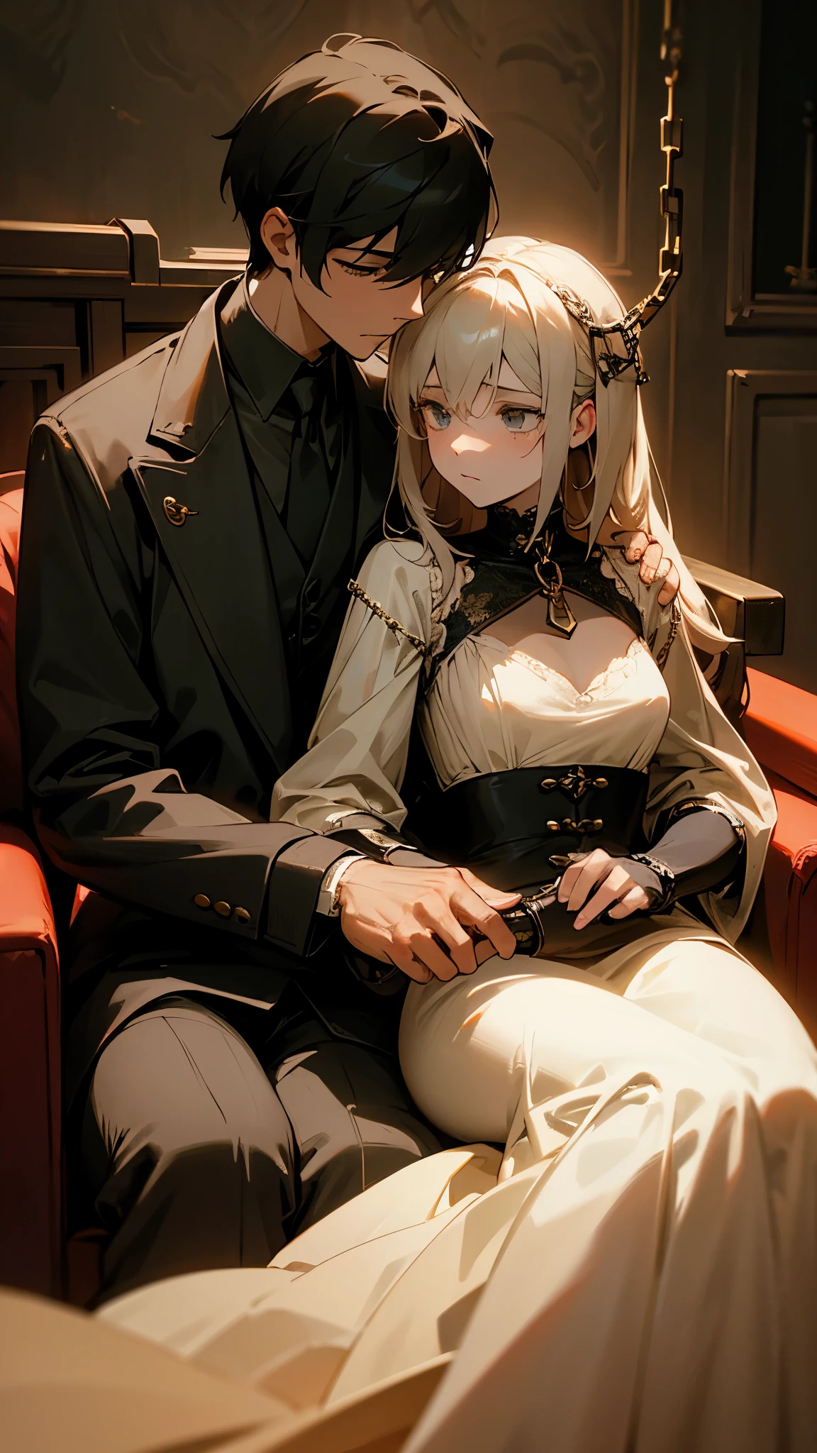 A man in an 18th century priest's outfit, with silver hair, Atractive man, Having sex, penetrated pussy, sexy Girl, Young woman, depravated Girl, beautiful Girl, blonde hair,