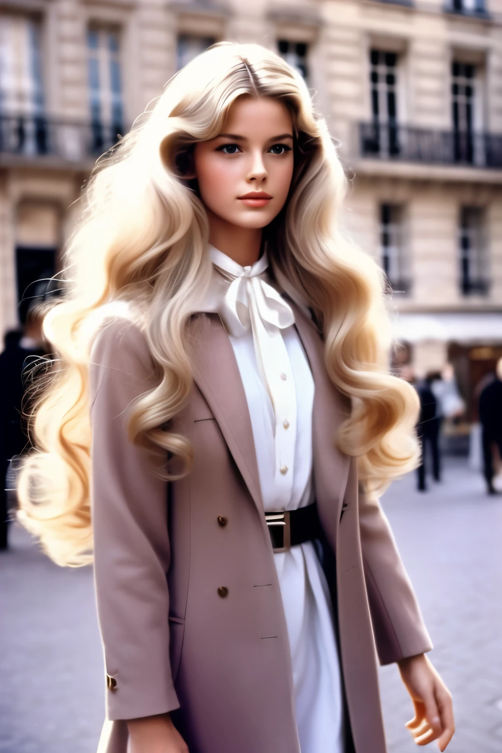 1975 film still movie, blonde long hair, elegant parisian girl wearing chic style,Wavy Hair, 