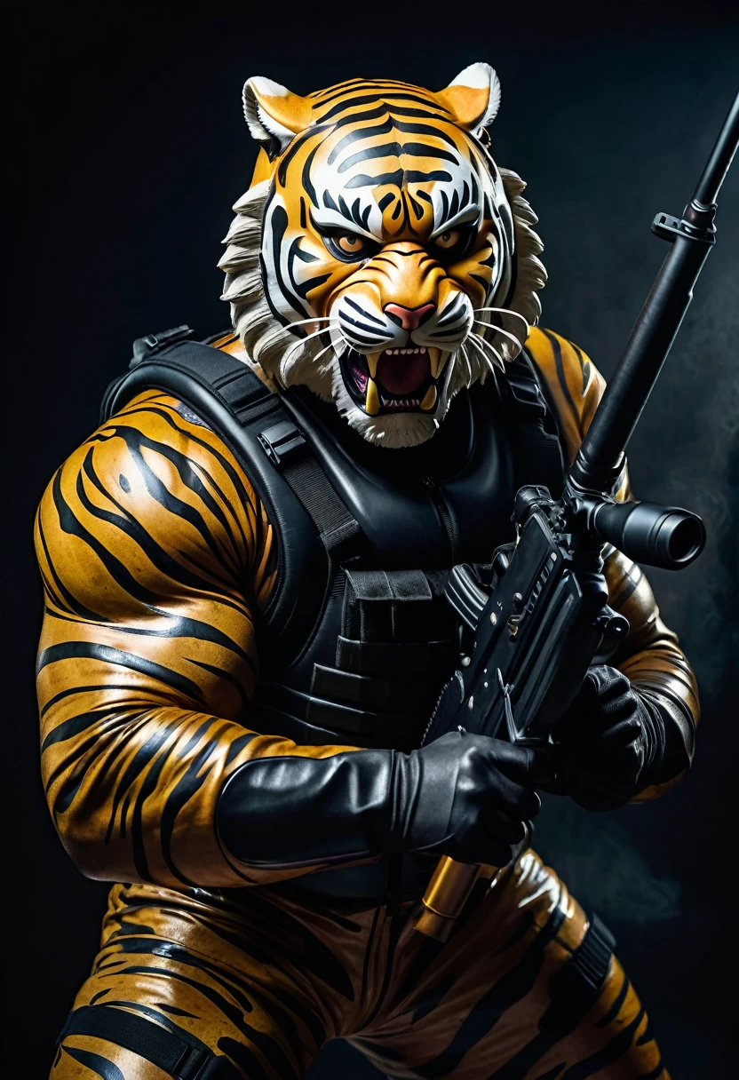 (a dark-skinned fat muscular old man in a bulky army camouflage zipper diver suit) doing raising fist pose and carrying a rifle, (wearing realistic roaring siberian tiger mask), muscular, Bruce Onobrakpeya, sumatraism, stanley artgermm, action, heroic, fierce, snarling